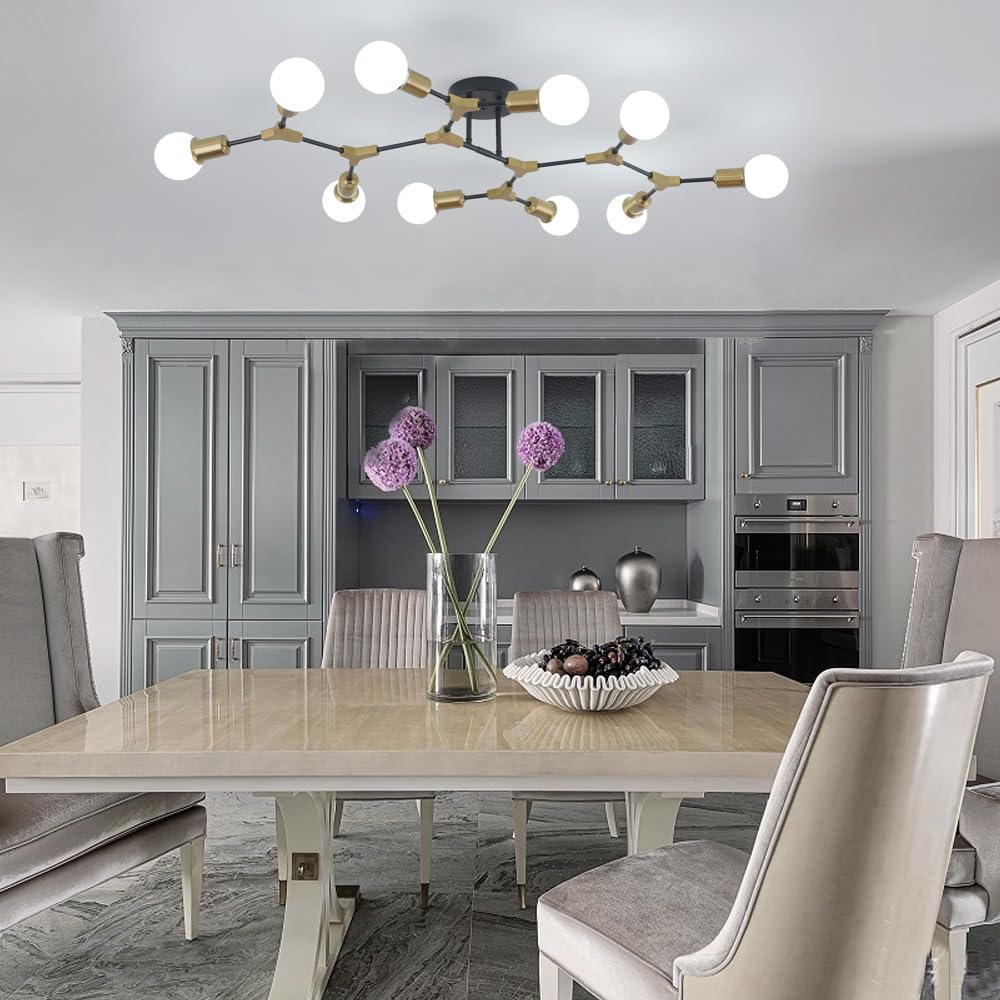 Quoobe Mid Centur Modern 10 Light Semi Flush Mount Ceiling Lighting Fixture For Dining Room Living Room Bedroom Aisle Kitchen Restaurant,Metal Gold And Black Sputnik Chandelier