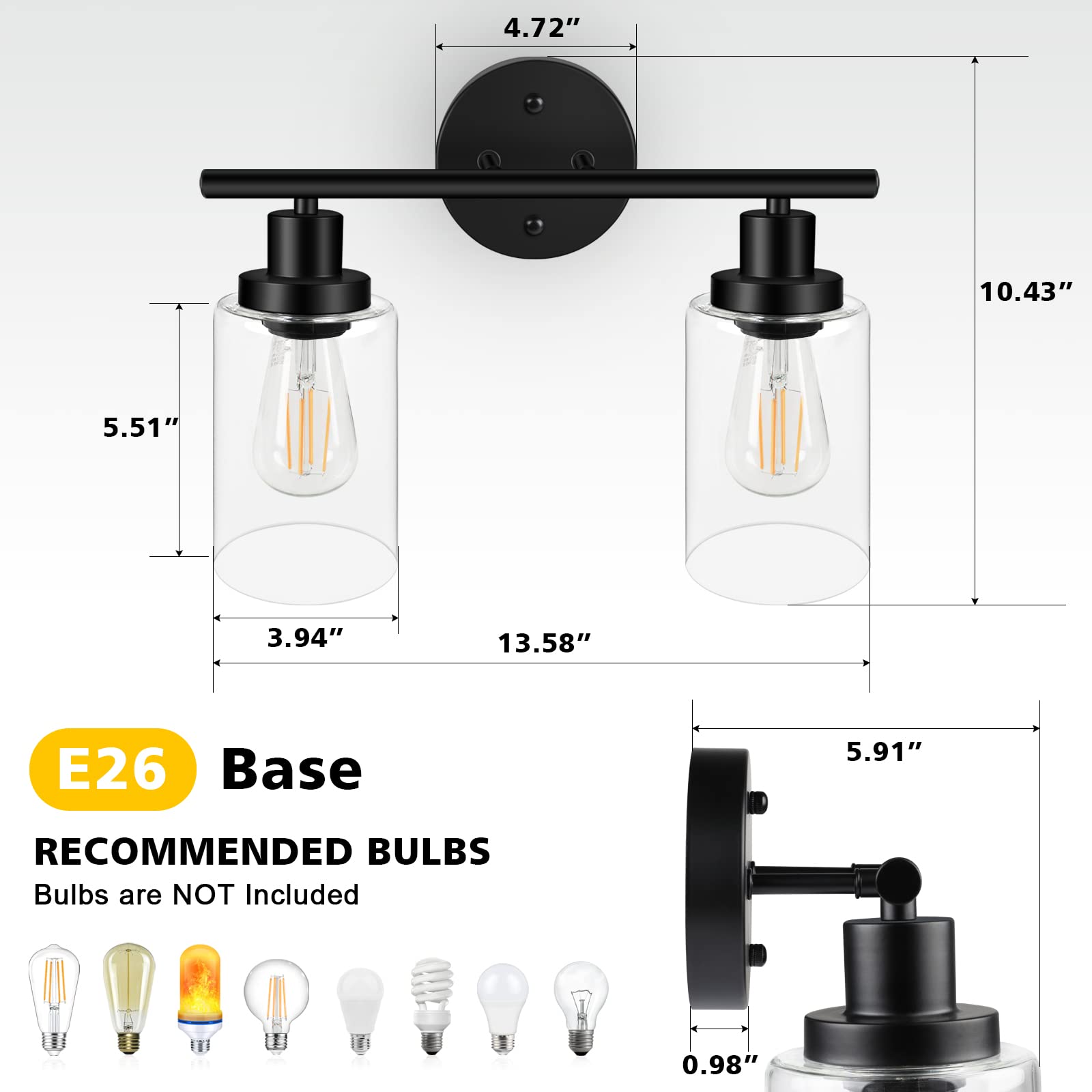 Unicozin 2 Light Vanity Lights, Black Wall Sconce Light With Clear Glass, Bathroom Light Fixtures, Wall Lights For Mirror, Livin