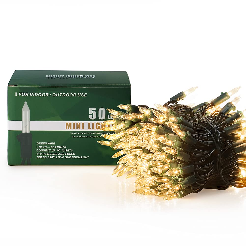 Hopolon 2-Pack 13Ft 50-Count Warm White & Clear Green Christmas Lights - Connectable 120V Ul Incandescent Mini Lights For Weddings, Bedrooms, Porches