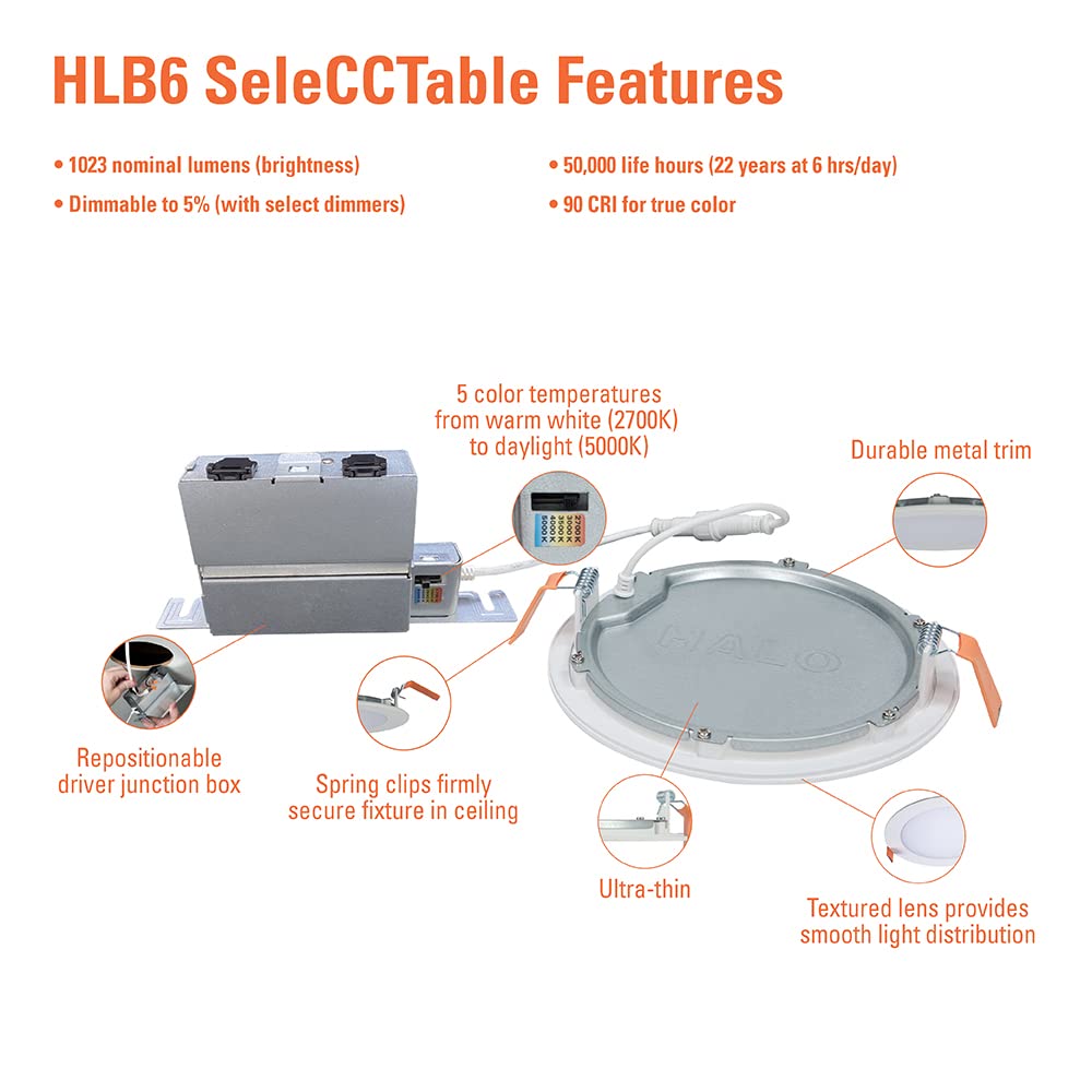 Halo Hlb 6-Inch Thin Recessed Indoor/Outdoor Canless Led Downlight W/Selectable Color Temperatures 6-Pack Hlb6099Fs1Emwr-6Pk