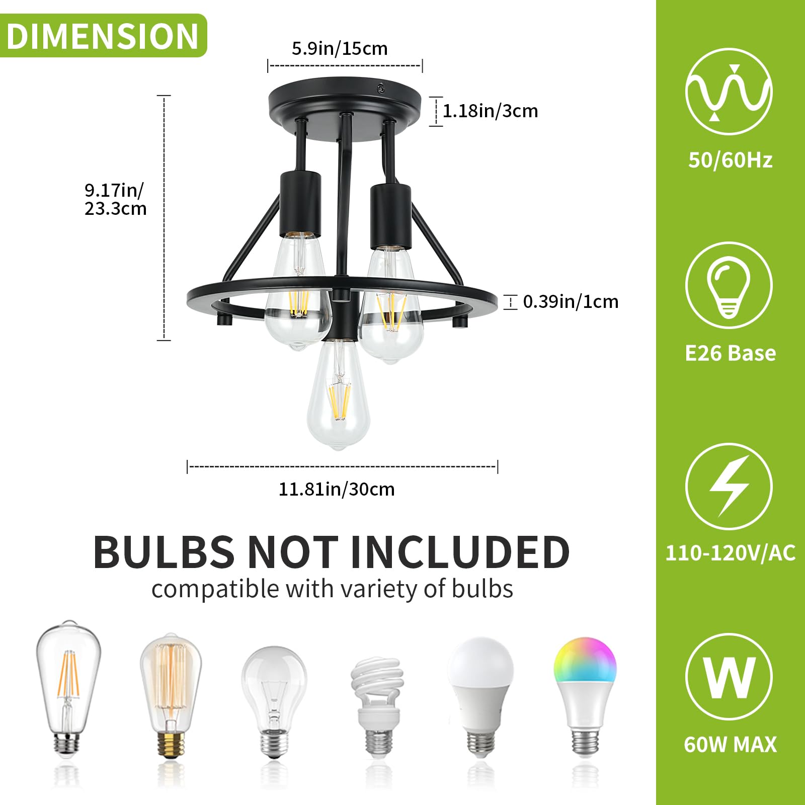 WILON 3-Light Semi Flush Mount Ceiling Light - Black Metal Industrial Fixture, Model QLTQ0033
