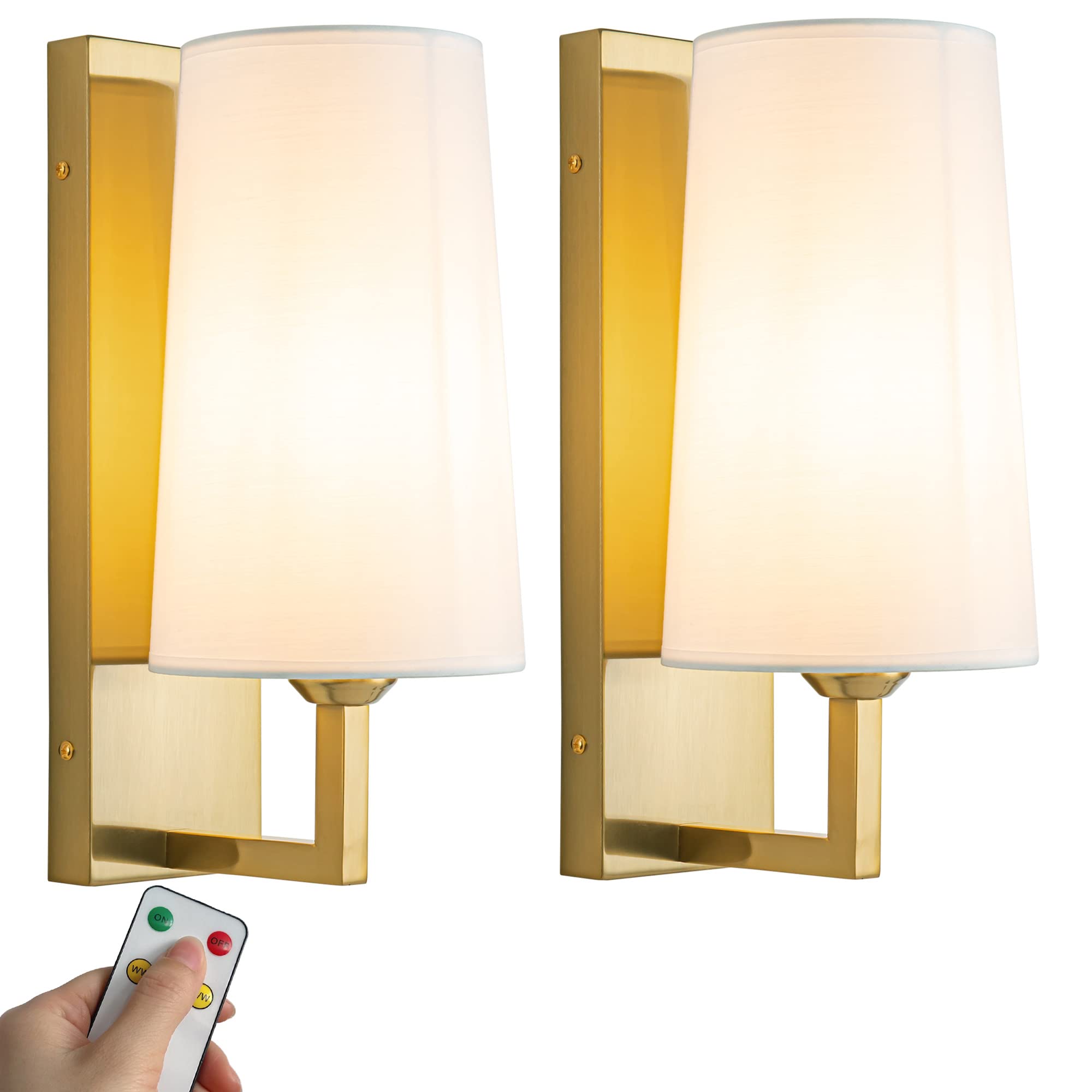 Modern Battery Operated Wall Sconce Set of Two White Fabric Shade Wall Sconce Not Hardwired Indoor Dimmable Battery Powered Wall