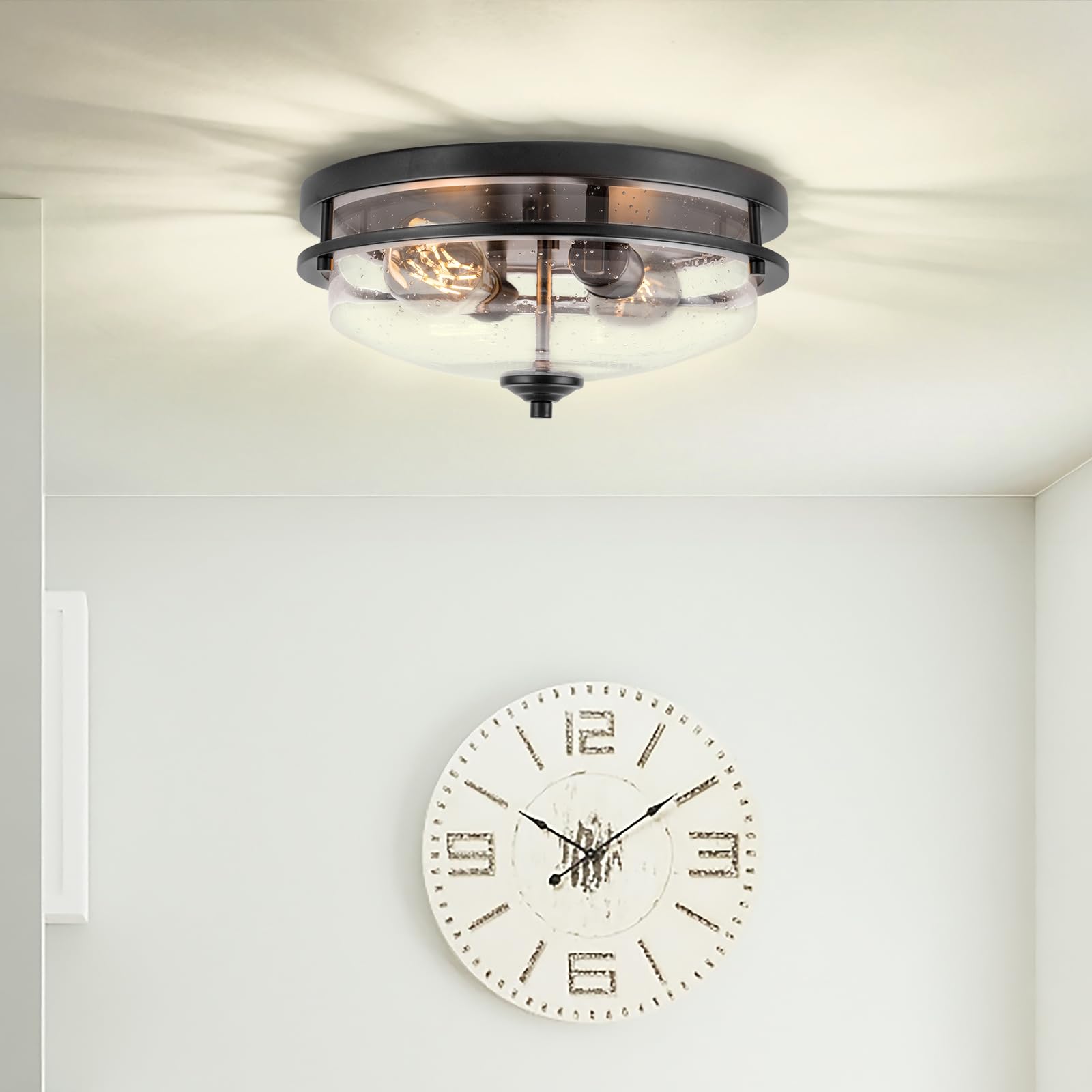 Edwarmlux Flush Mount Ceiling Lights, 2-Light Farmhouse Close To Ceiling Light, Industrial Ceiling Lighting Fixture For Kitchen Hallway Bedroom Living Room Stairways Porch (Black)