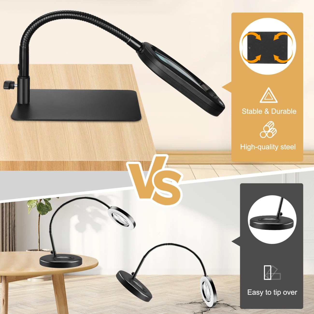 Veemagni 10X LED Magnifying Glass with Flexible Gooseneck, Black, Model GE602, Stepless Dimmable Light for Crafts and Close Work