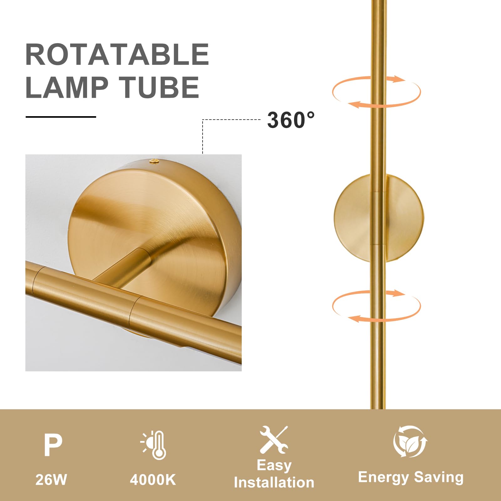 LINSEEDS Gold Bathroom Light Fixture, 36 Inch, 26W Dimmable LED Vanity Light Bar, Metal, Model RD-7516-GD-36