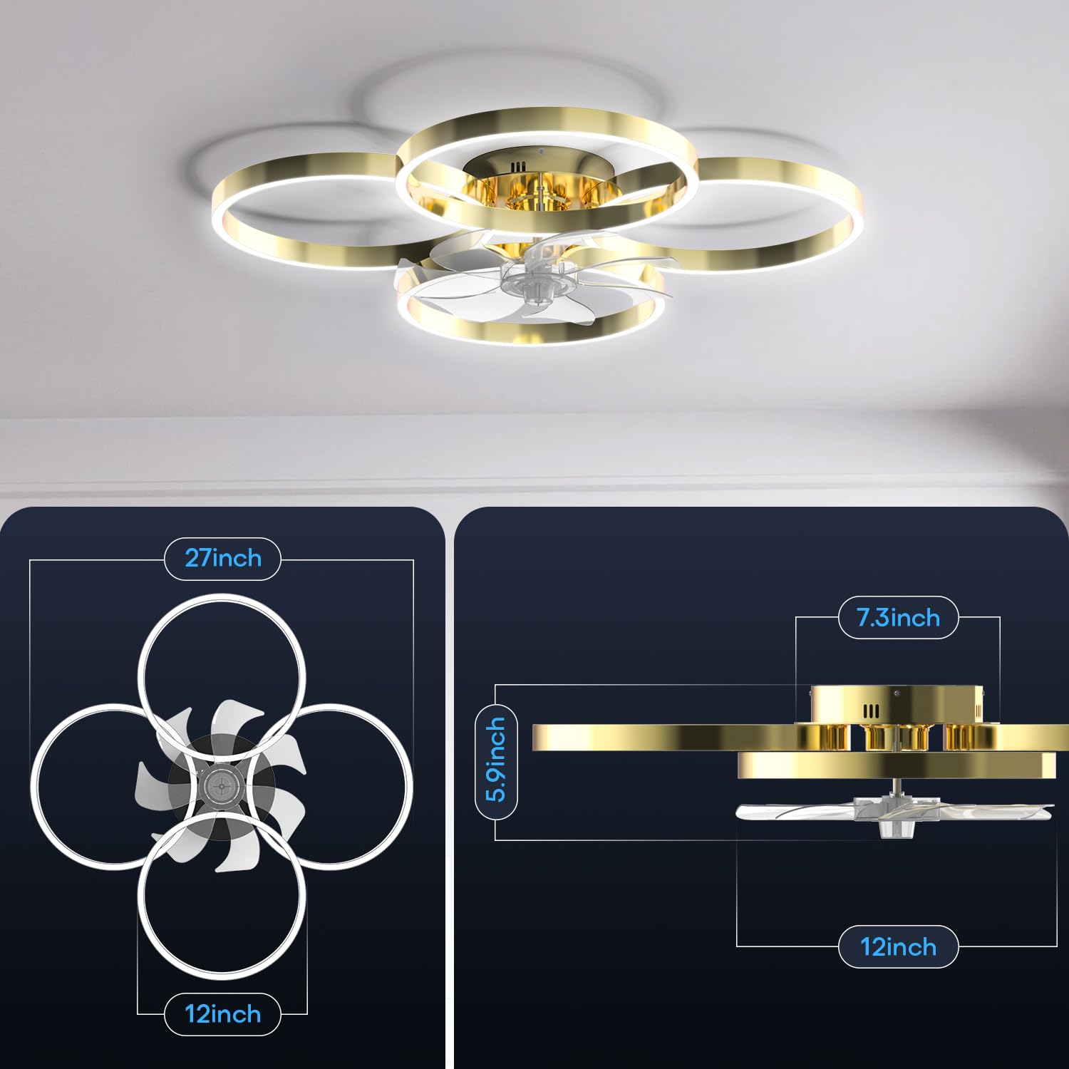 LOFIKEDI 30W LED Ceiling Light, 4 Ring Design, Dimmable 3500K-6500K, 27 Inch, Gold, Model YF-LEDF270