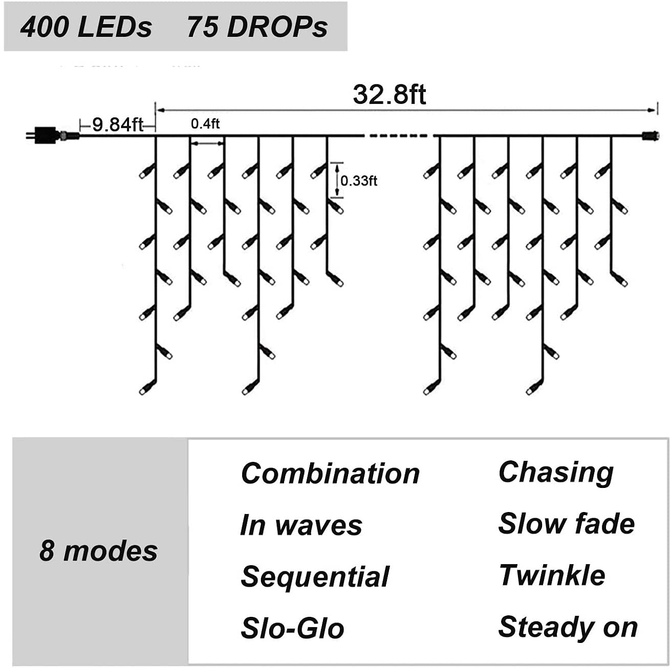 Dopheuor Icicle Fairy Lights 400Led 32.8Ft 75Drops 8 Modes Waterproof String Lights For Outdoor Eaves Curtain Christmas Trees Pa