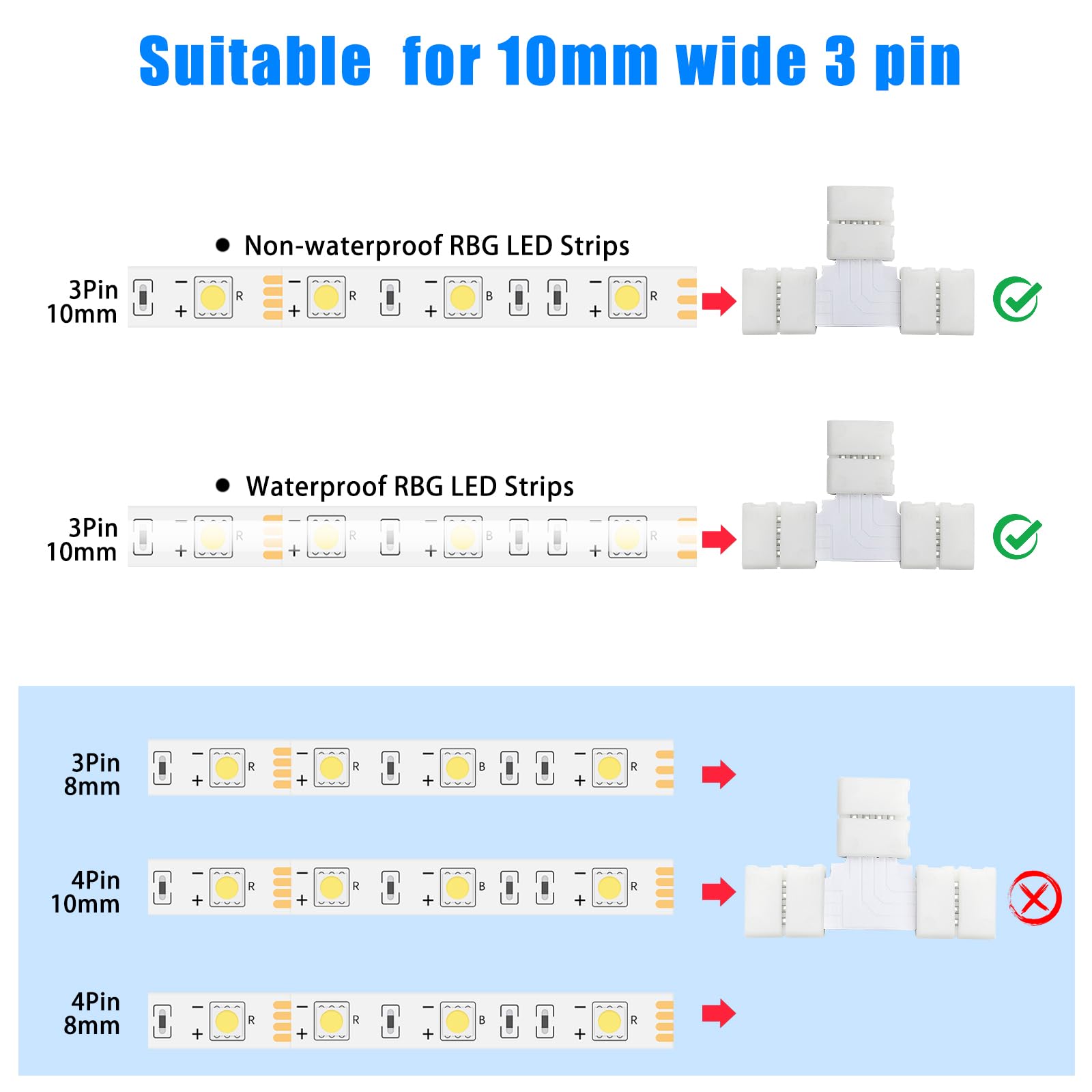 10Pack T-Shaped 3-Pin 10Mm Led Strip Lights Connectors - Solderless, Extendable Terminal Adapters For Ws2811 & Ws2812 & Sk6812 R