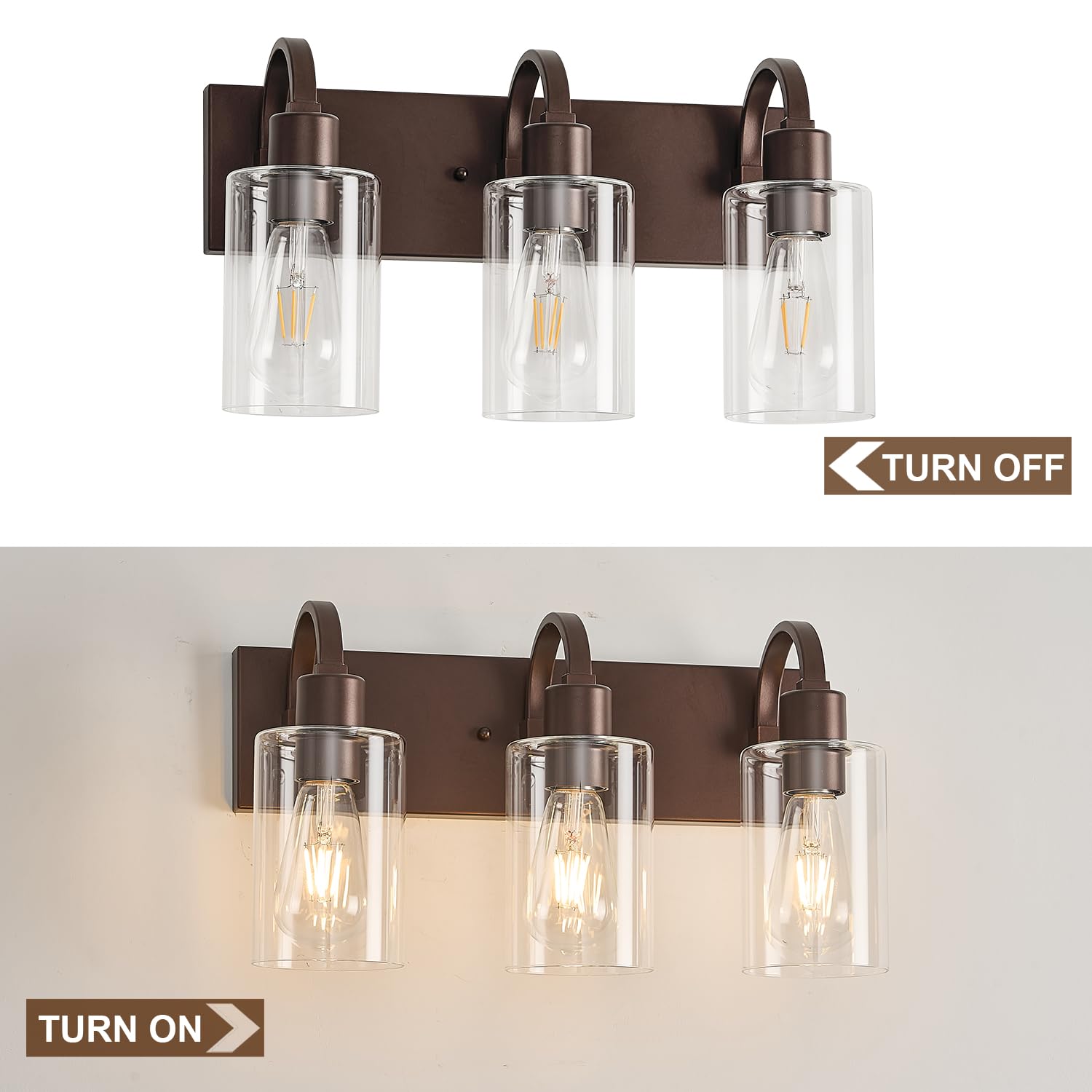 Refice Farmhouse Bathroom Vanity Lights, 3-Light, Oil Rubbed Bronze, Metal, Model FCW001-3-ORB, Clear Glass Shade Wall Sconces