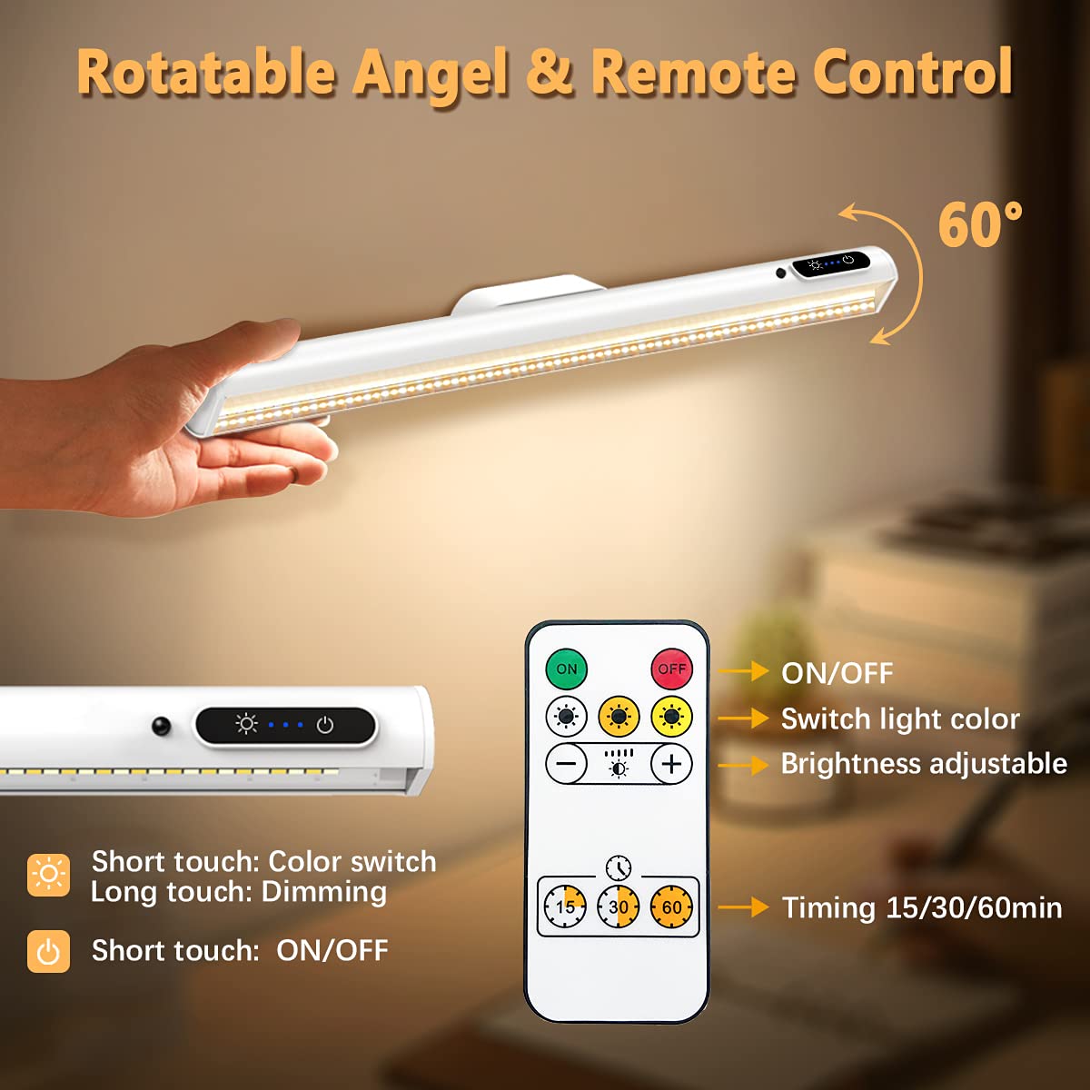 Hapfish Battery Powered Operated Wall Strip Lights, Rechargeable Magnetic Led Light Bar With Remote, Dimmable Desk Lamp, Under C