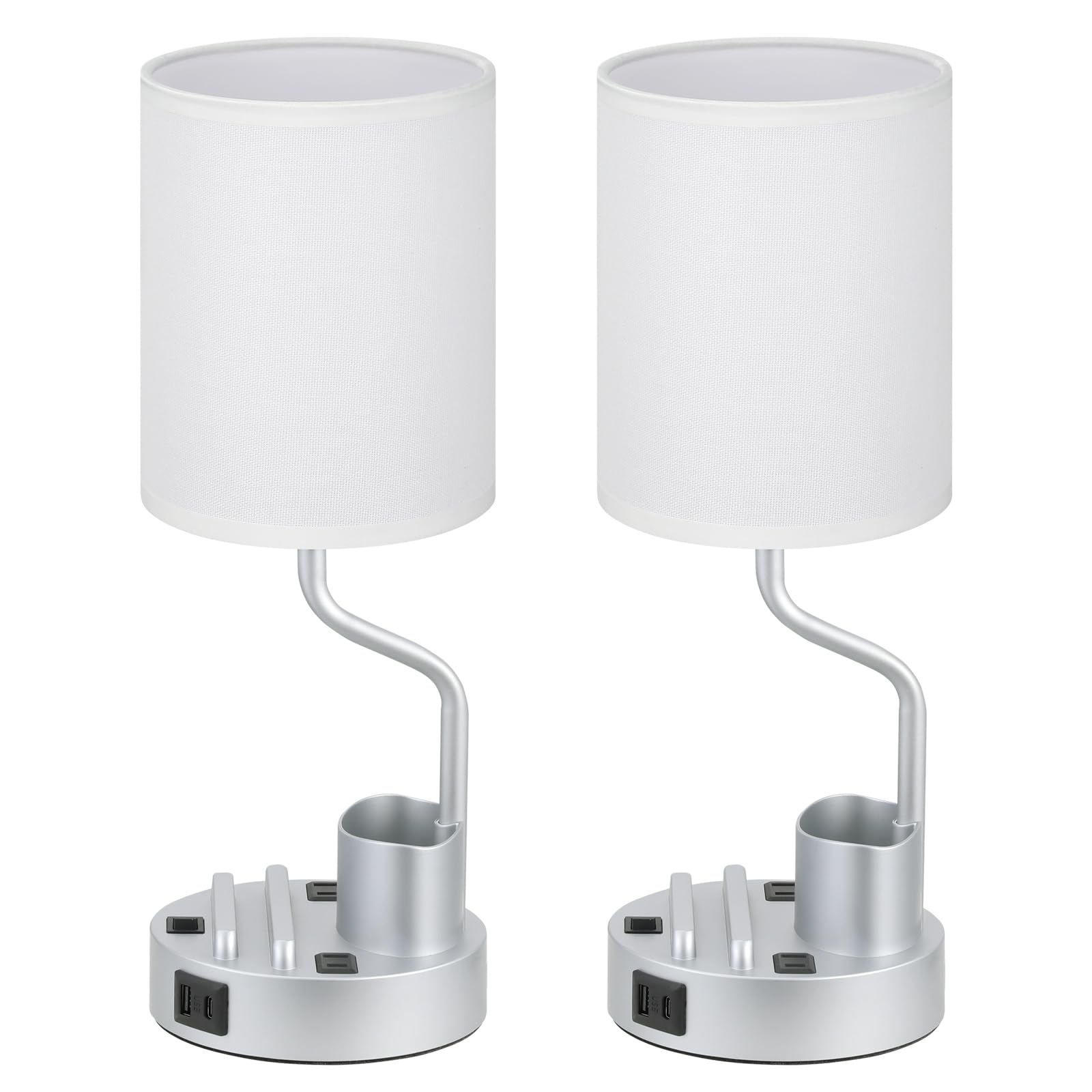Fenmzee Grey Bedside Table Lamps Set of 2 - Nightstand Light with AC Outlet & USB Charging, Metal, 3 Color Temperatures, Model Lamps 23-1