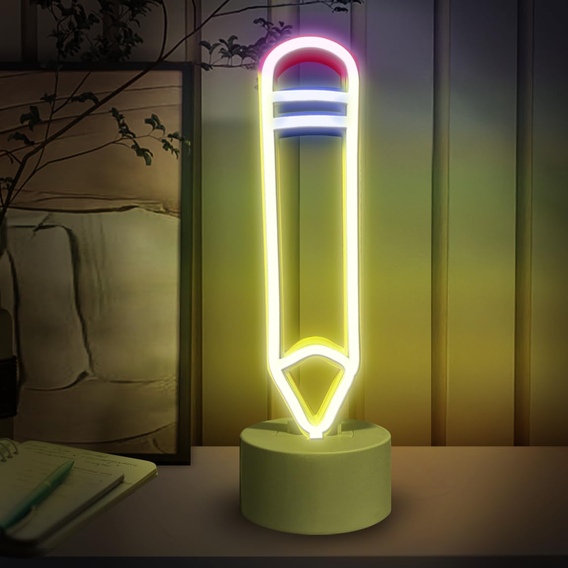 LEBURRY Pencil LED Neon Sign - USB/Battery Powered Desk Lamp for Bedroom, Study Room, Game Room - White Plastic Model