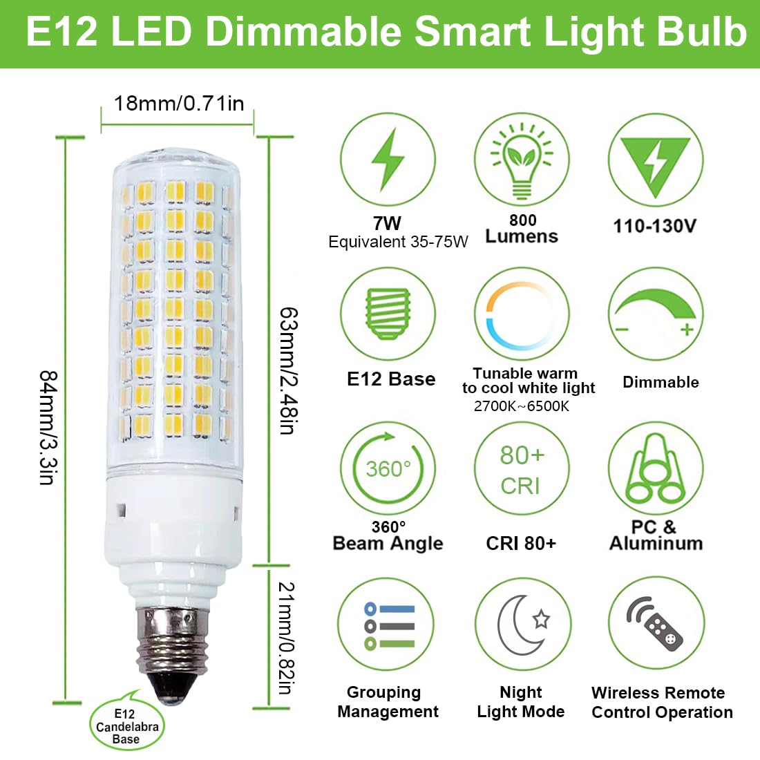 Vyaomli E12 Smart Led Light Bulbs With 2.4Ghz Remote Control, Dimmable 7W E12 Candelabra Base Led Bulb Equivalent 75W Bulb, Step
