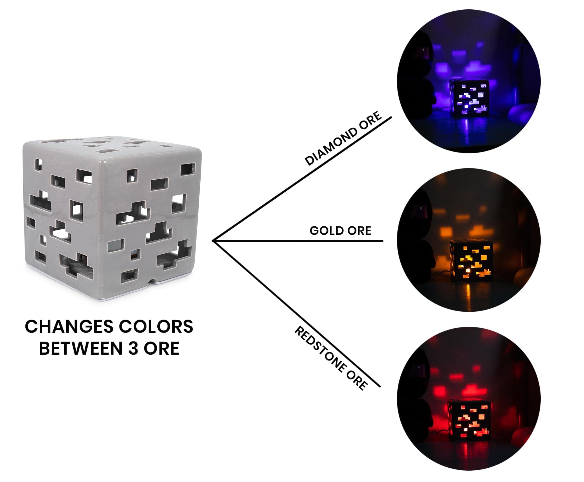 Minecraft Ceramic Ore Block Mood Light | Nightstand Table Lamp With Led Light For Bedroom, Desk, Living Room | Home Decor Room Essentials | Video Game Gifts And Collectibles | 6 Inches Tall