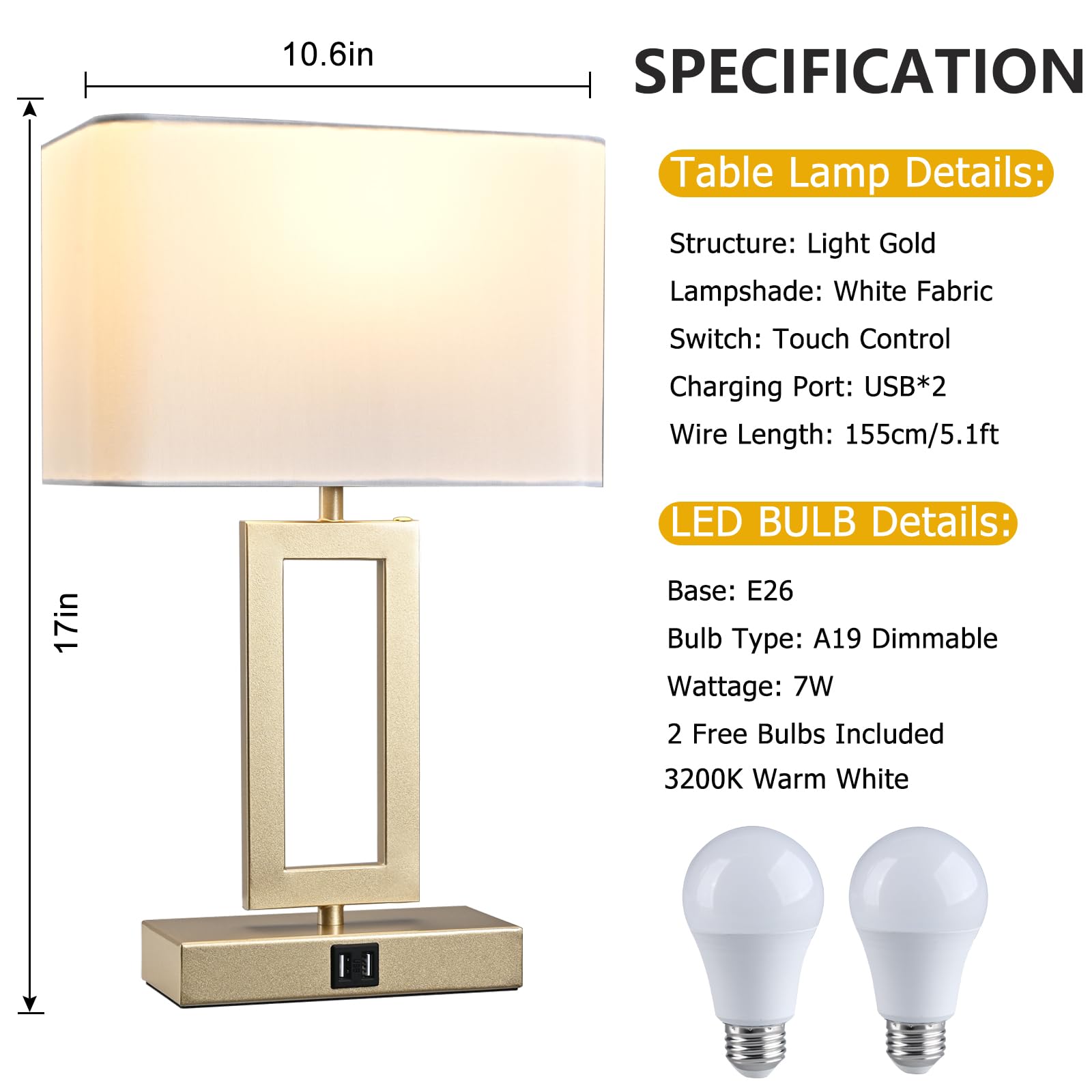 BrightWe Set of 2 Touch Control Table Lamps, 3-Way Dimmable, Medium Size, Metal, Gold & White, Model QL5166W-S, with Dual USB Ports