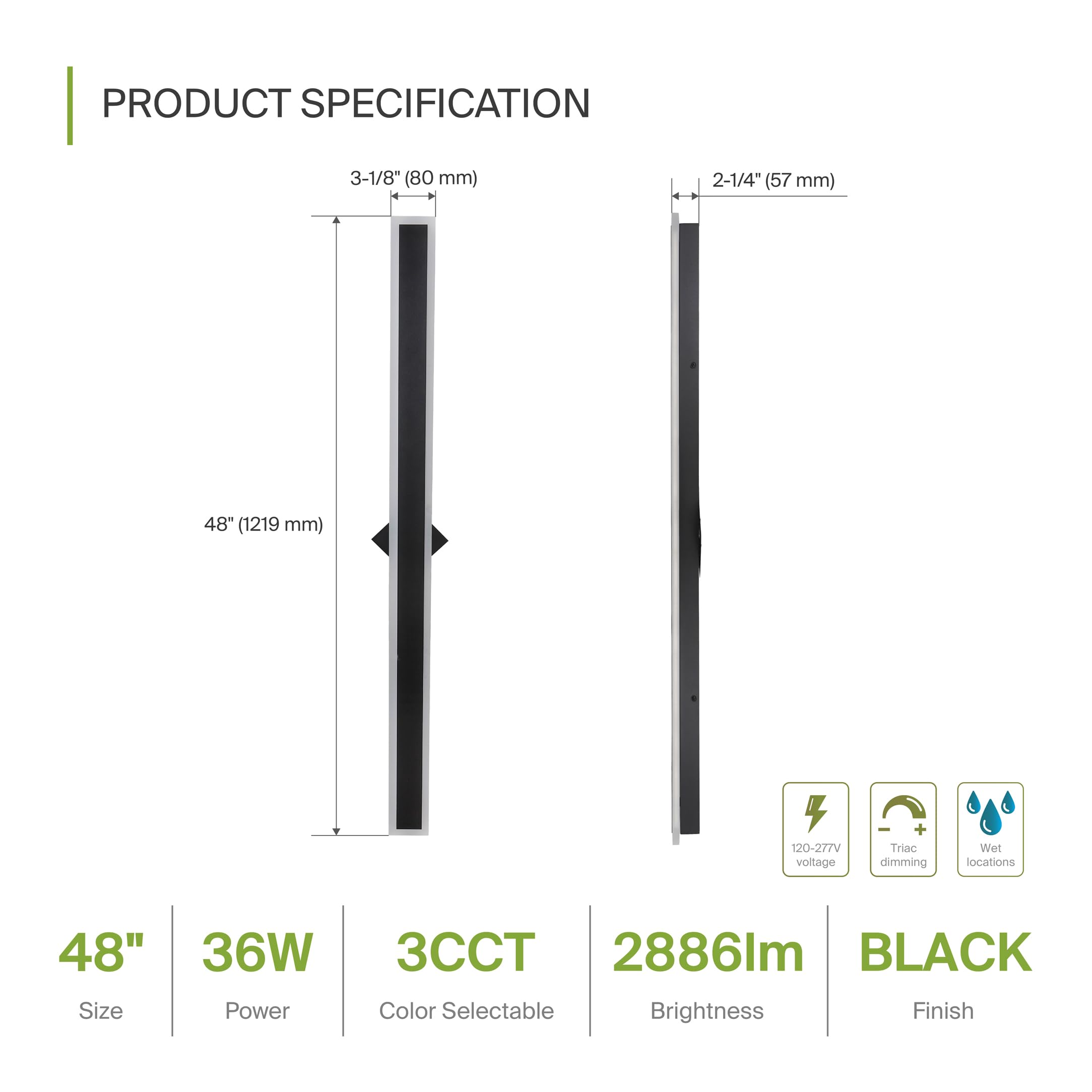 ASD LED Wall Mount Light Fixture, 48in Dimmable, 3CCT, Waterproof, ETL Listed, Black, Model A-LWS27N-48D36BK