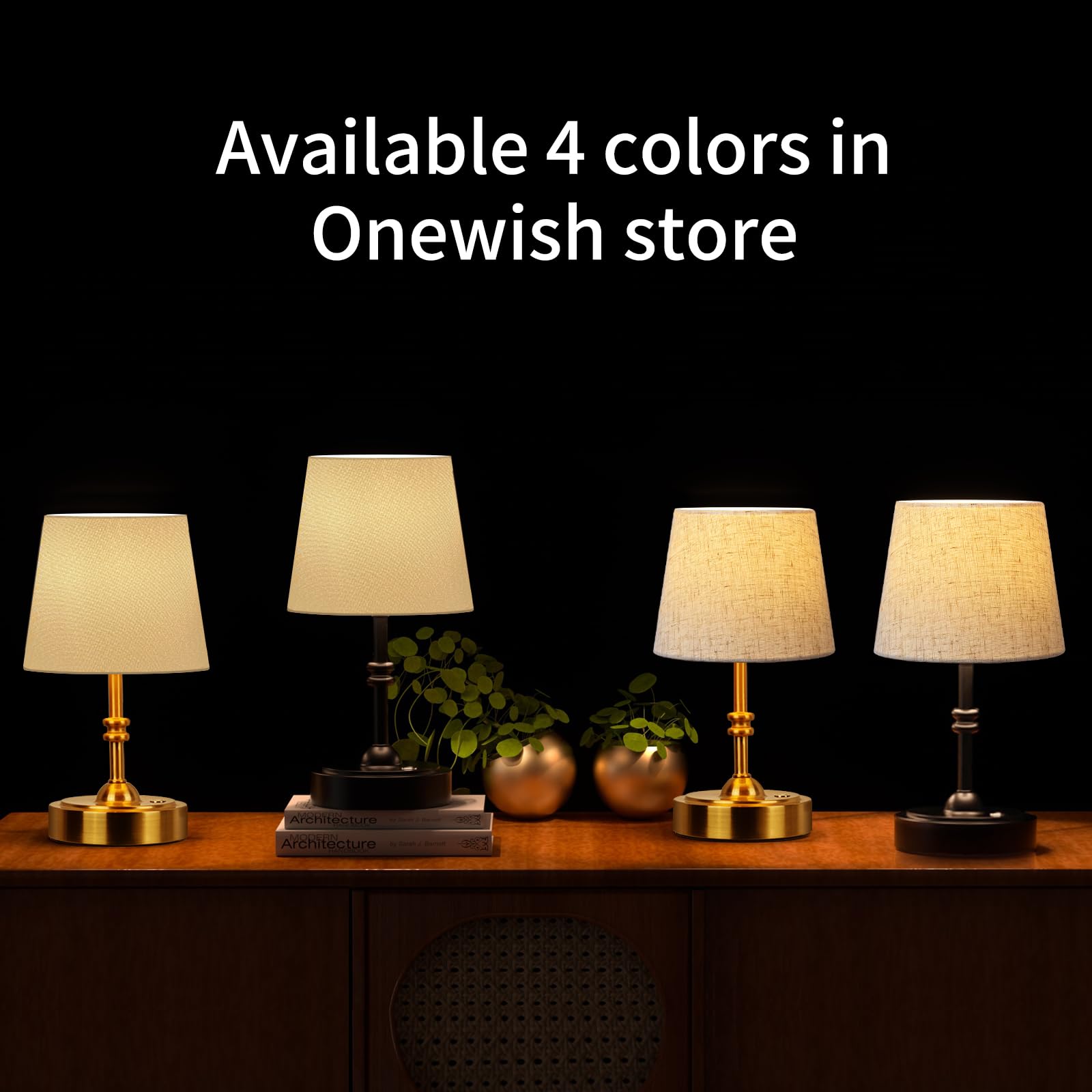ONEWISH Cordless Table Lamp, Dimmable, 4000mAh Rechargeable, Metal, Black Base & White Shade, Model 13TAB131
