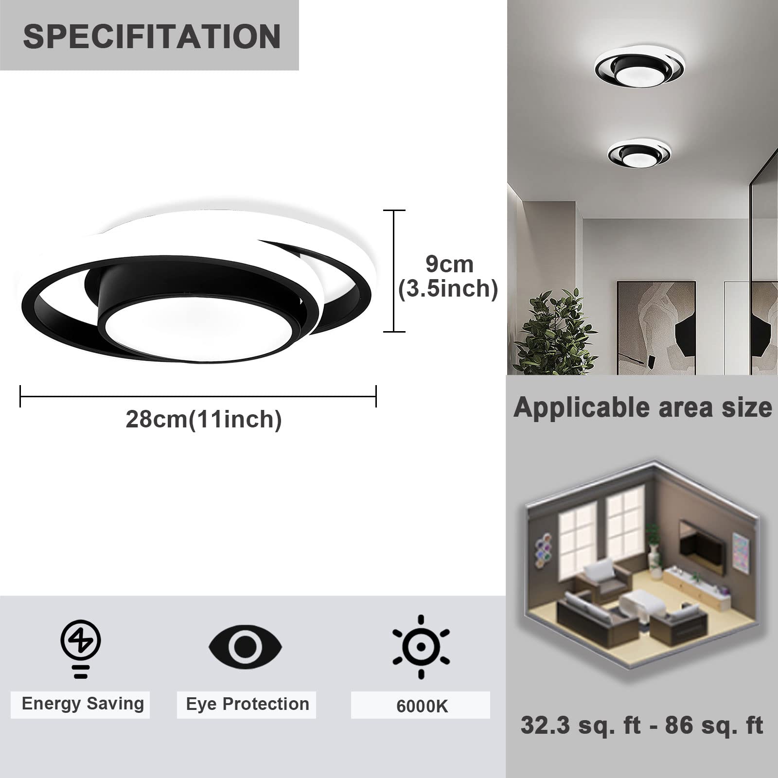 Caneoe 2 Packs Small Modern Led Ceiling Light 2 Rings Creative Design Ceiling Lamp Indoor Hallway Lighting Fixtures For Hallway Living Room Bedroom Kitchen Office (Black)