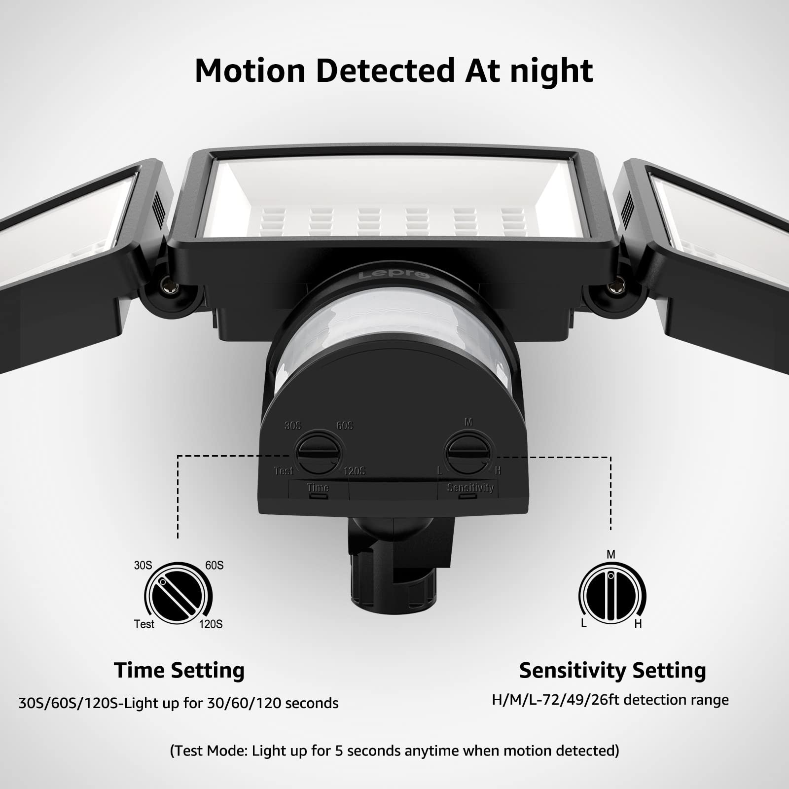 Lepro LED Motion Sensor Security Light, 27W 3200LM, 3 Adjustable Heads, IP65 Waterproof, Black