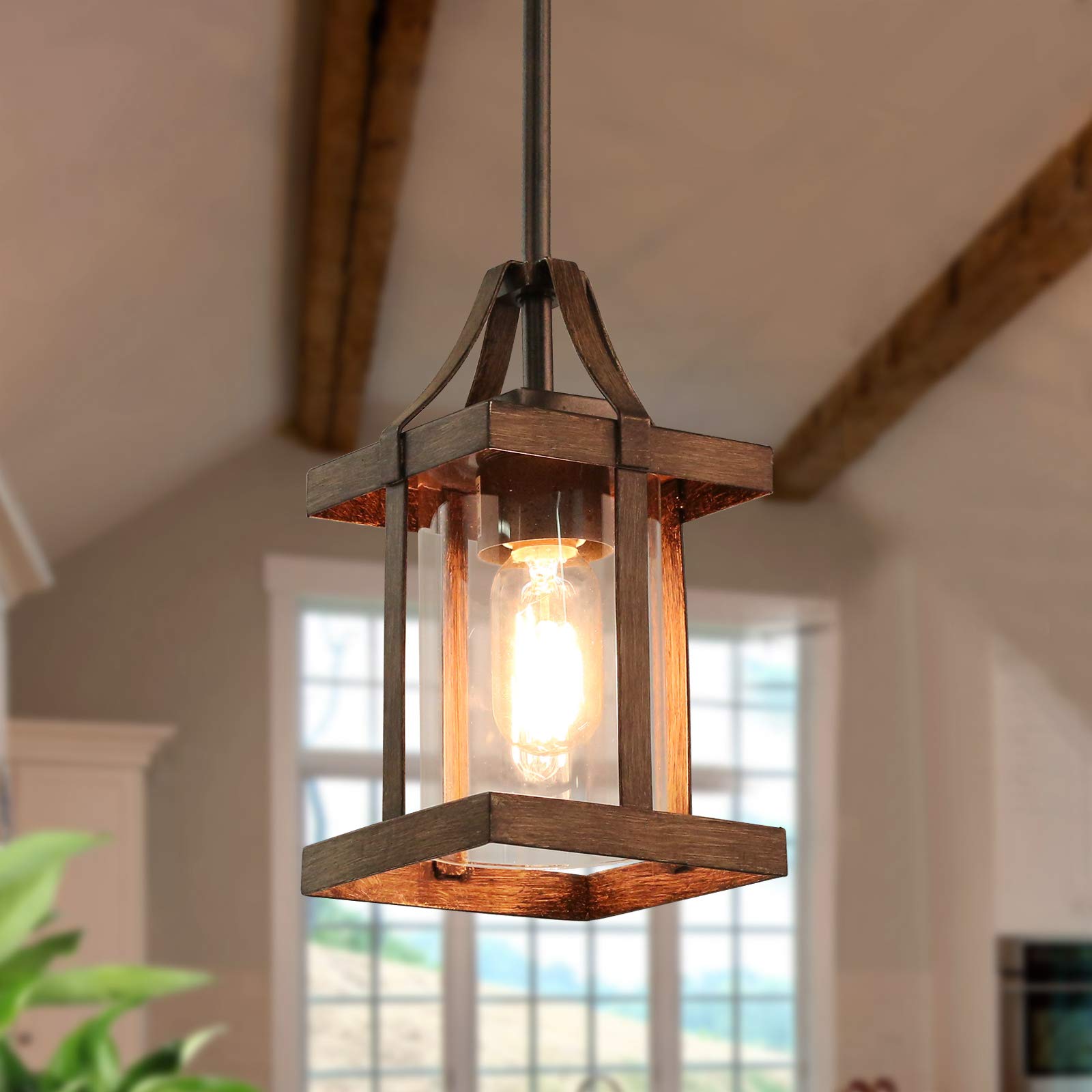 LNC Faux-Wood Pendant Light Fixture, Glass Shades, Metal, Brown, Model A03408, Ideal for Kitchen Island, Dining Room, Hallway