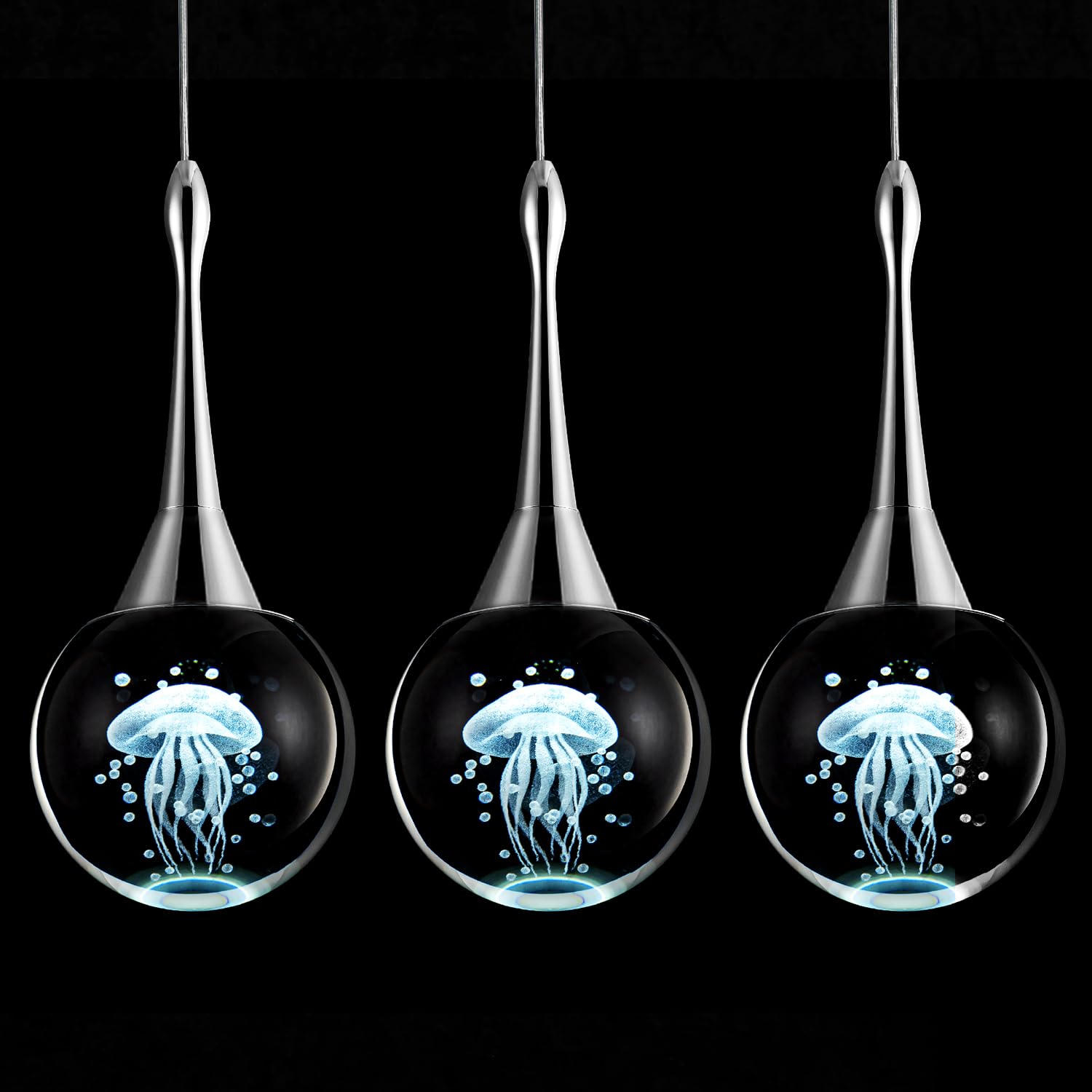 CHYING 3 Pack Teardrop Pendant Light Chrome Crystal Pendant Lighting Bathroom LED Ceiling Hanging Light Globe Jellyfish Pendant 