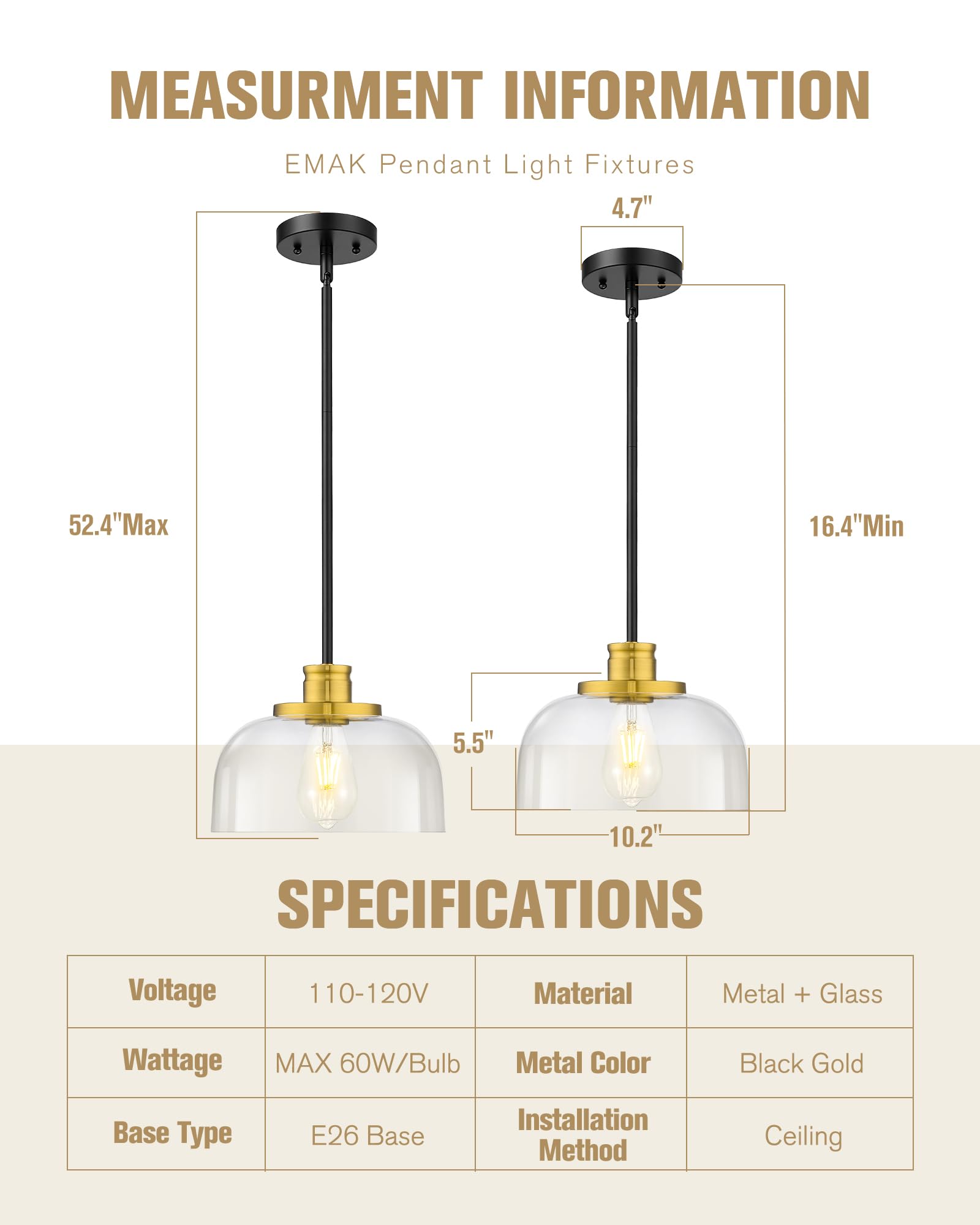 Emak 10" Black and Gold Pendant Light Fixture, Modern Clear Glass Shade, Model PL131-BKBGD-CG for Kitchen, Dining Room, Bathroom, Bar