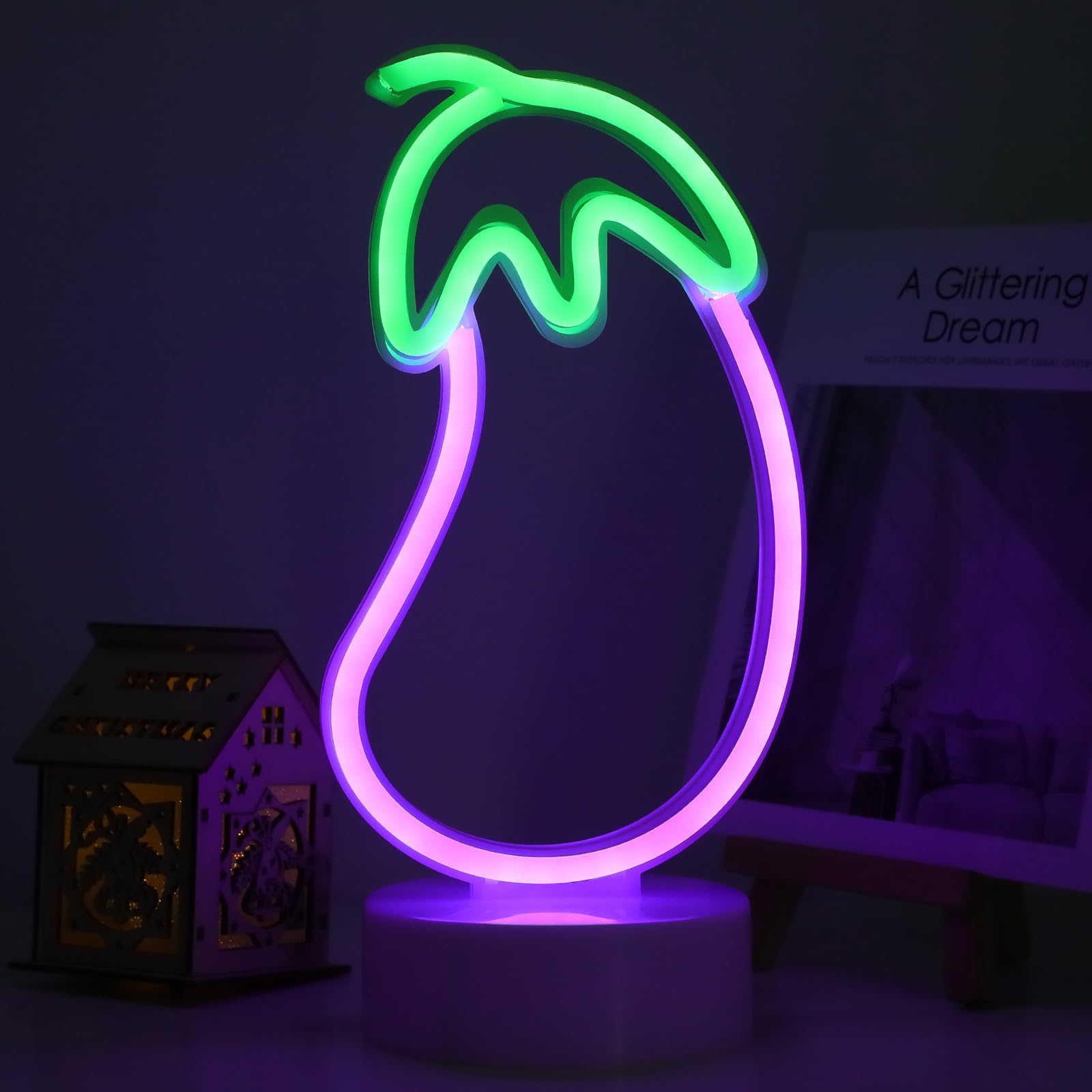 ENUOLI LED Eggplant Neon Sign - USB/Battery Operated Room Decor Light - Purple - Model nNH.Z062 - Eggplant Size