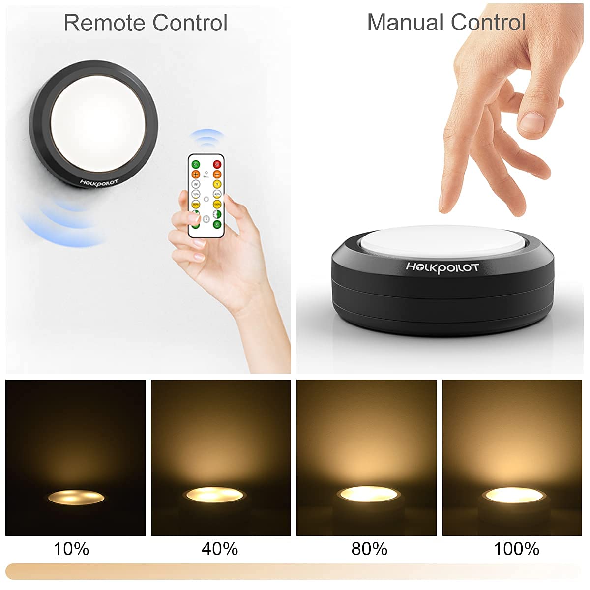 HOLKPOILOT Puck Lights with Remote Control, Battery Operated, 6 Pack, White