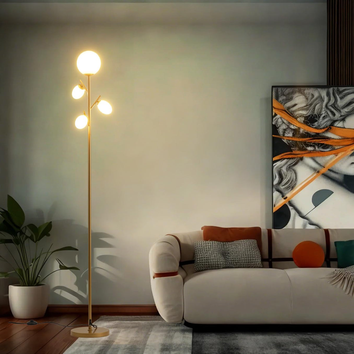 Fiqevs 4 Globe Mid Century Floor Lamp, 4 x 800LM LED Bulbs Included, Torchiere Modern Gold Tree Standing Lamp, Contemporary Vint