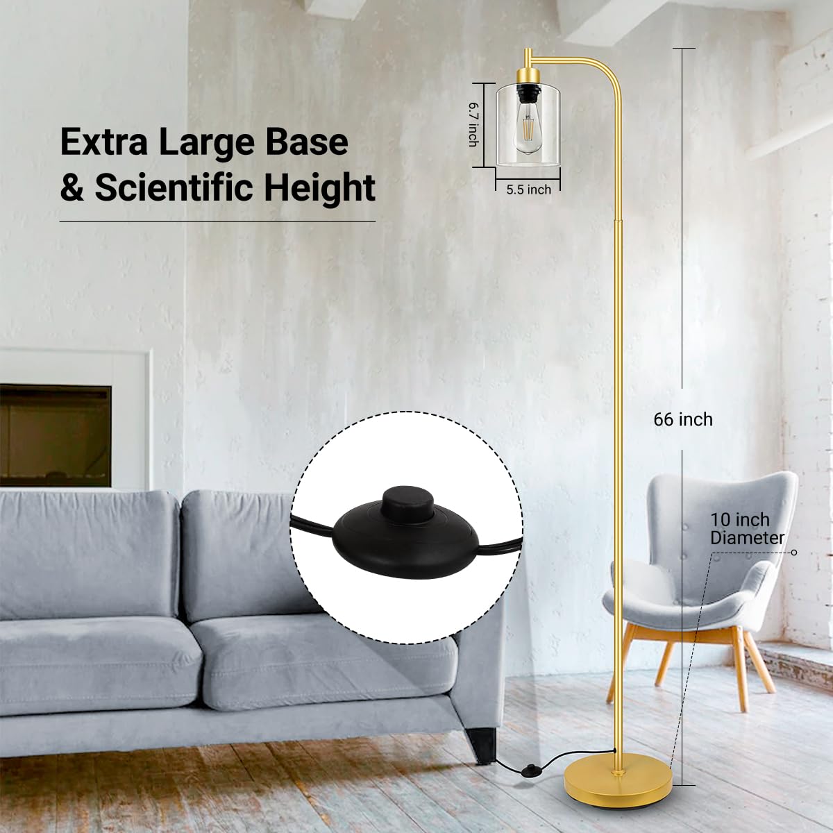 Gold Floor Lamp, Standing Lamp With Glass Lampshade, 6W Led Bulb Included, Modern Floor Lamp With Foot Switch, Industrial Floor