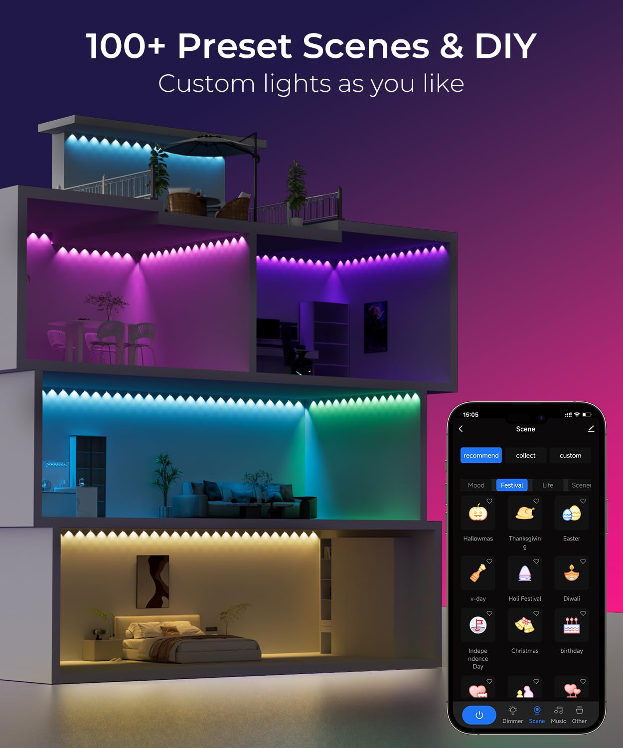 SMAVISTA Smart RGBW+IC 20ft LED String Lights, 30 Modes, Music Sync, White, Model C5108-B for Indoor Parties and Events