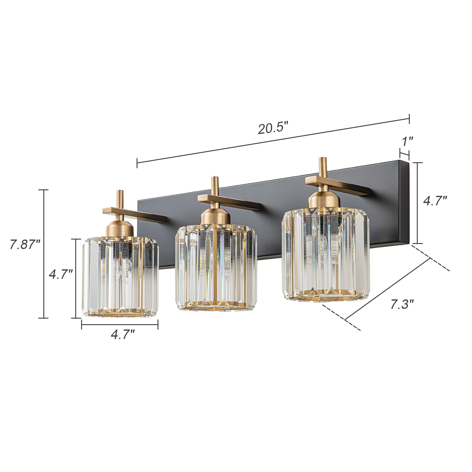 Huoku Modern Crystal Bathroom Vanity Lights, Black Gold 3-Lights Bathroom Light Fixtures Over Mirror, Crystal Wall Lighting With