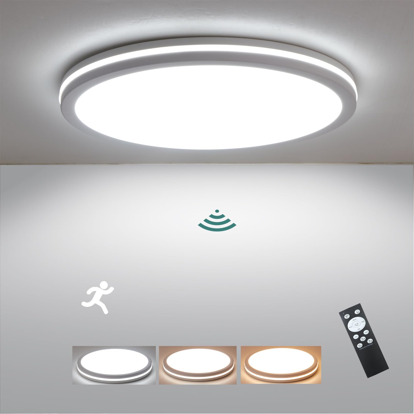 Zsyubo 11 Inch Motion Sensor Ceiling Light Indoor, 24W Flush Mount Ceiling Light Fixture 3000K/4000K/6000K, Motion Sensor Lamp W
