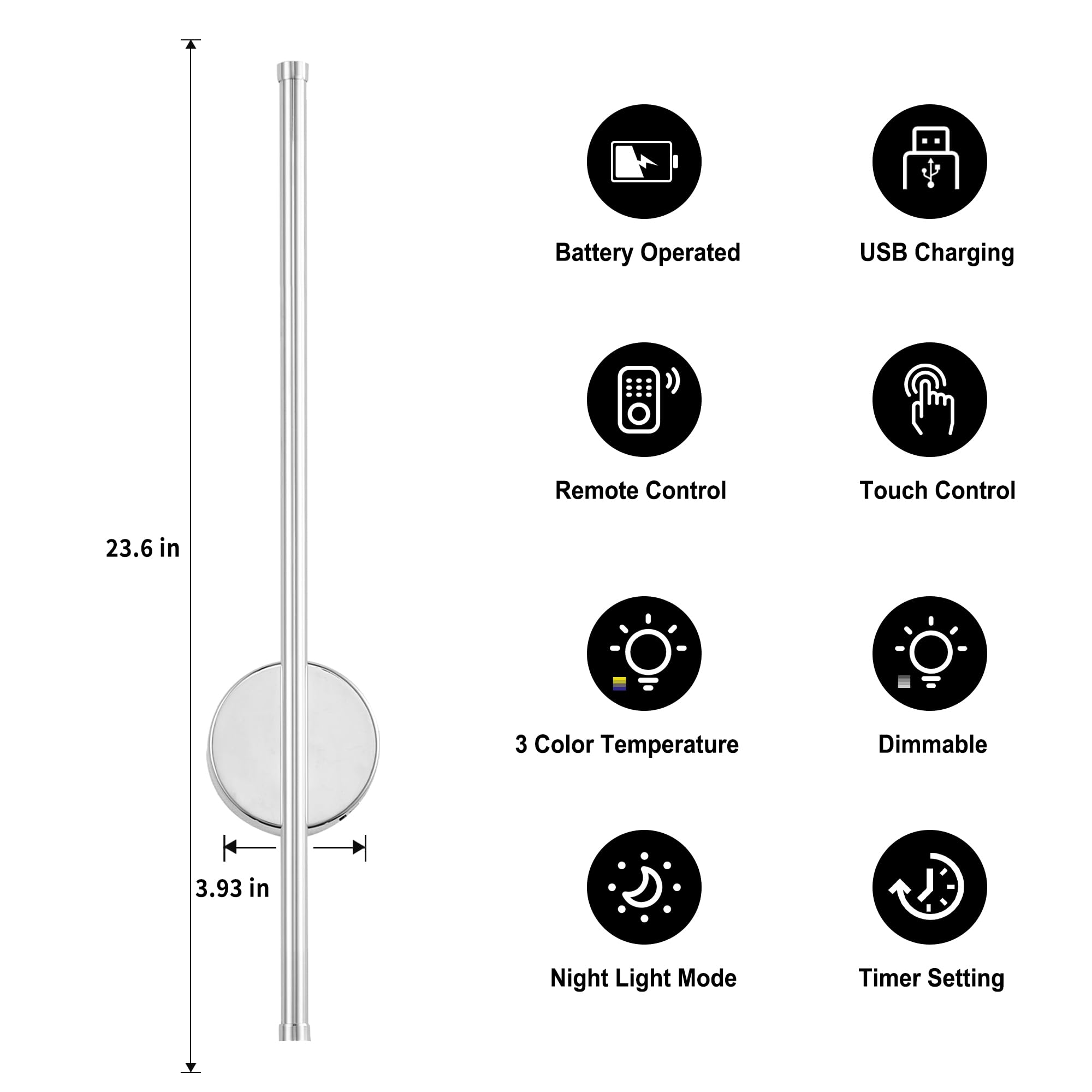 KARTOOSH Battery Operated Wall Sconces - Dimmable LED Light Set of 2, 23.6" Chrome, Remote Control, 3 Color Temperatures, Model ZM