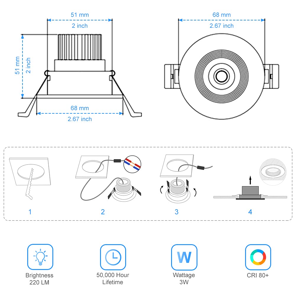 2Inch Led Recessed Ceiling Light, 3W Dimmable Led Downlight, Daylight White 5500K, 60 Beam Angle Cob Recessed Lights With Driver, 25W Halogen Bulbs Equivalent For Ceiling Lighting, Black 6Pack