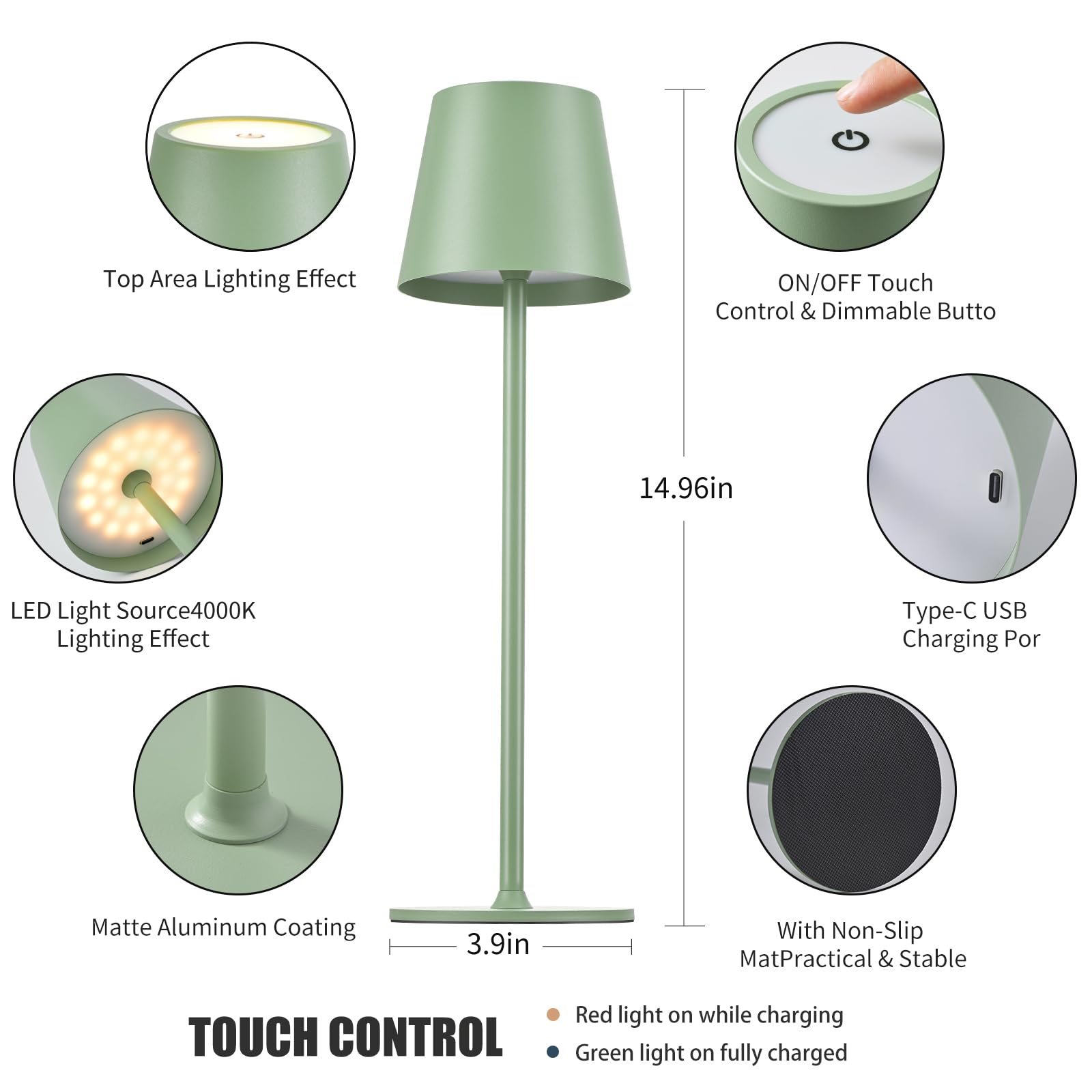 BGFHome Cordless LED Desk Lamp, Rechargeable Touch Night Light, 14.6inx4.3inx4.3in, Green, Model: green2pack, 2 Pack