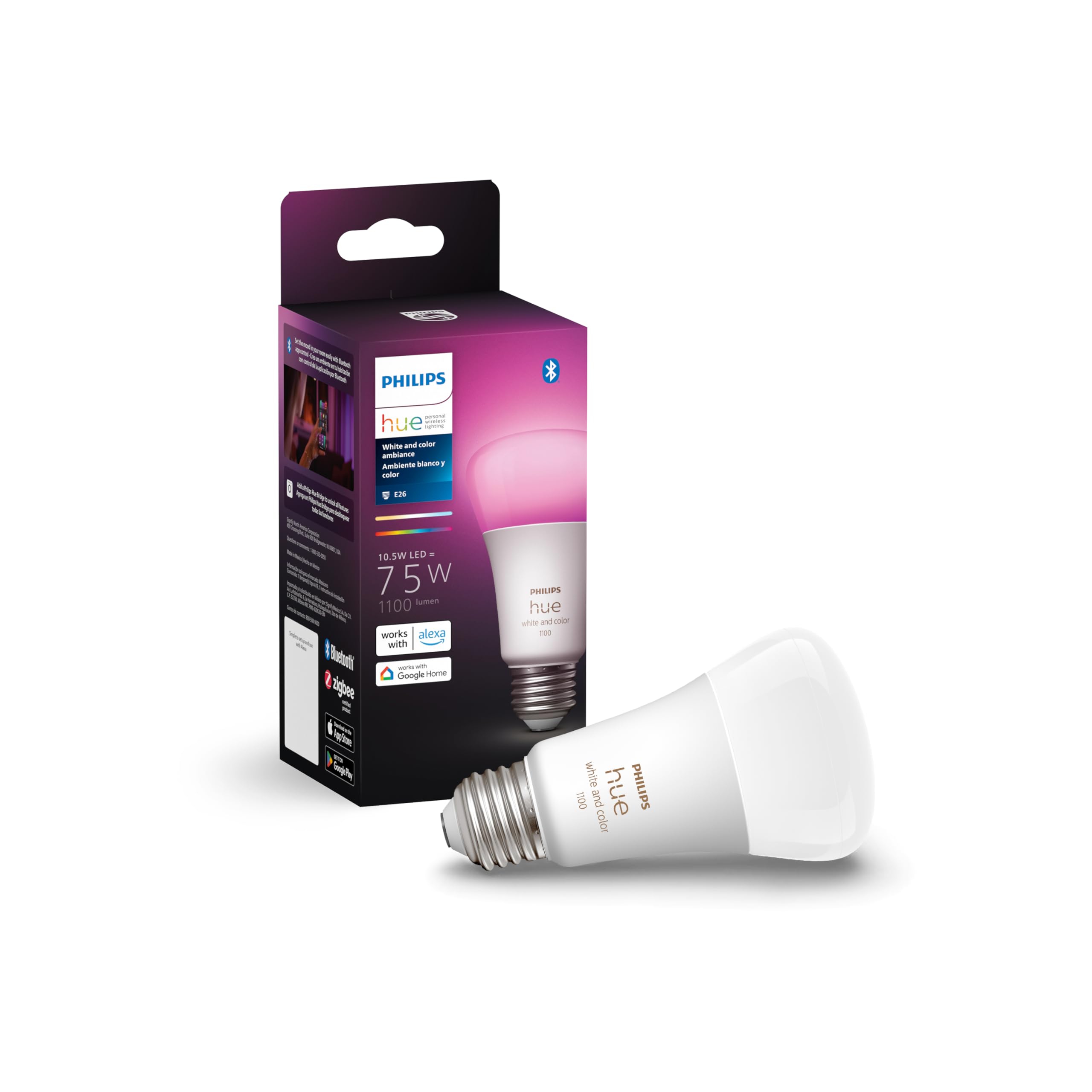 Philips Hue Smart 75W A19 Led Bulb - White And Color Ambiance Color-Changing Light - 1 Pack - 1100Lm - E26 - Indoor - Control Wi