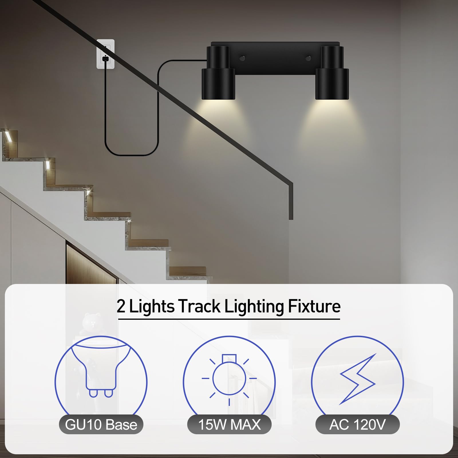 Bricosmocon 2-Light Track Lighting Kit, Black Metal, LED Ceiling Fixtures, 14.8FT Cord, Rotatable Spotlight for Kitchen and Bedroom