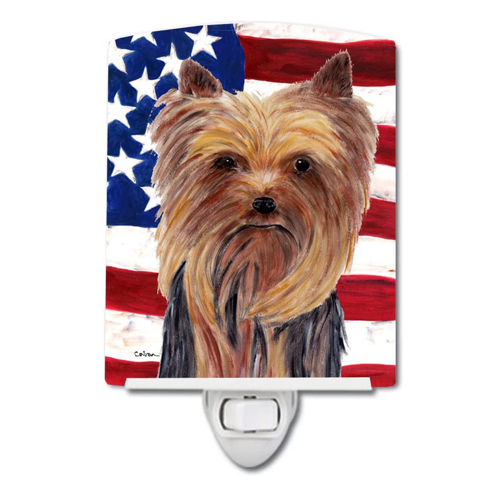 Carolines Treasures Ceramic Night Light, USA Flag with Yorkie, Model SC9013CNL, 6x4x3in, Multicolor