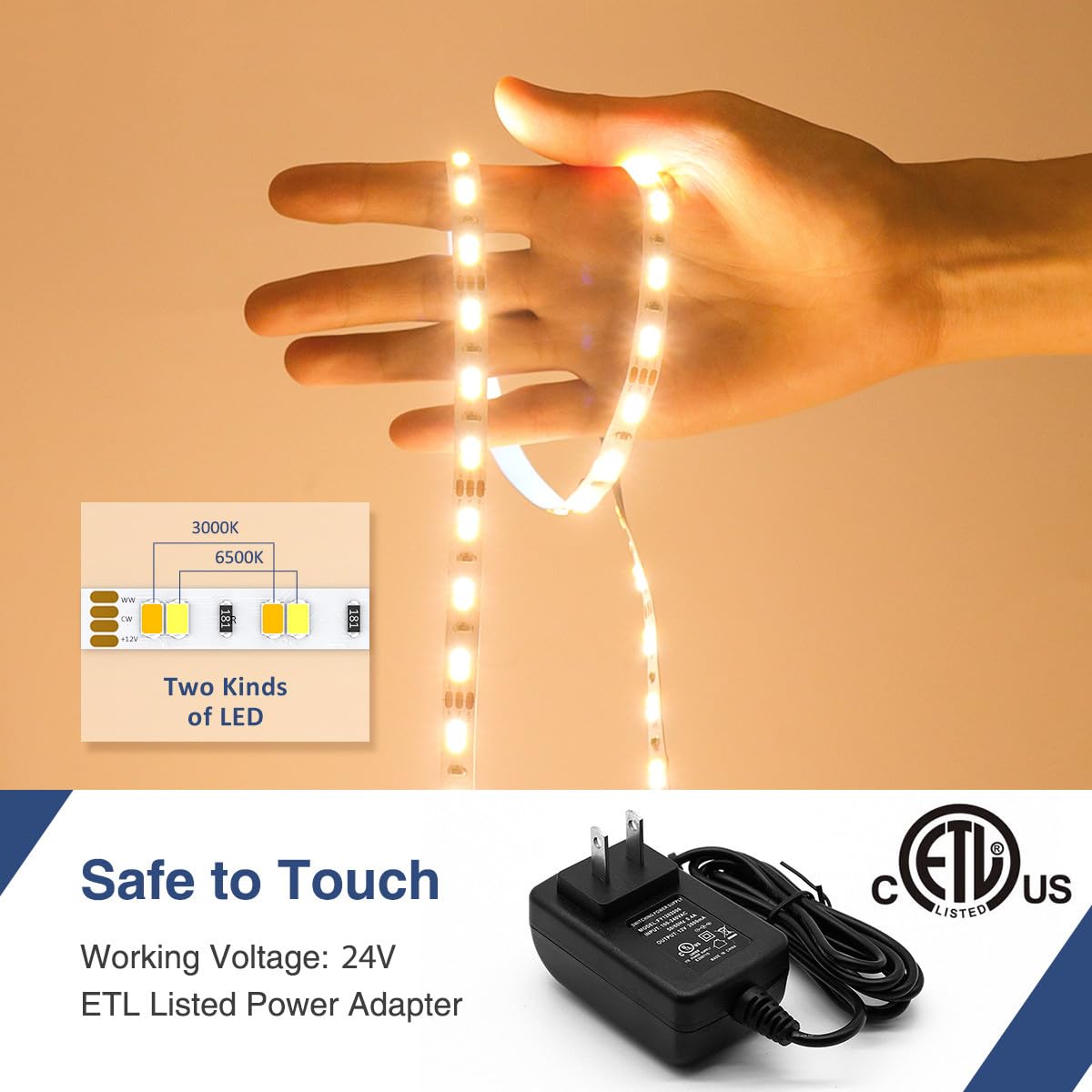 Ustarus Led Strip Lights White 52.5Ft 24V Dimmable 3000K-6000K Led Tape Rope Light With Remote Flexible 2835 Led Ribbon For Kitc