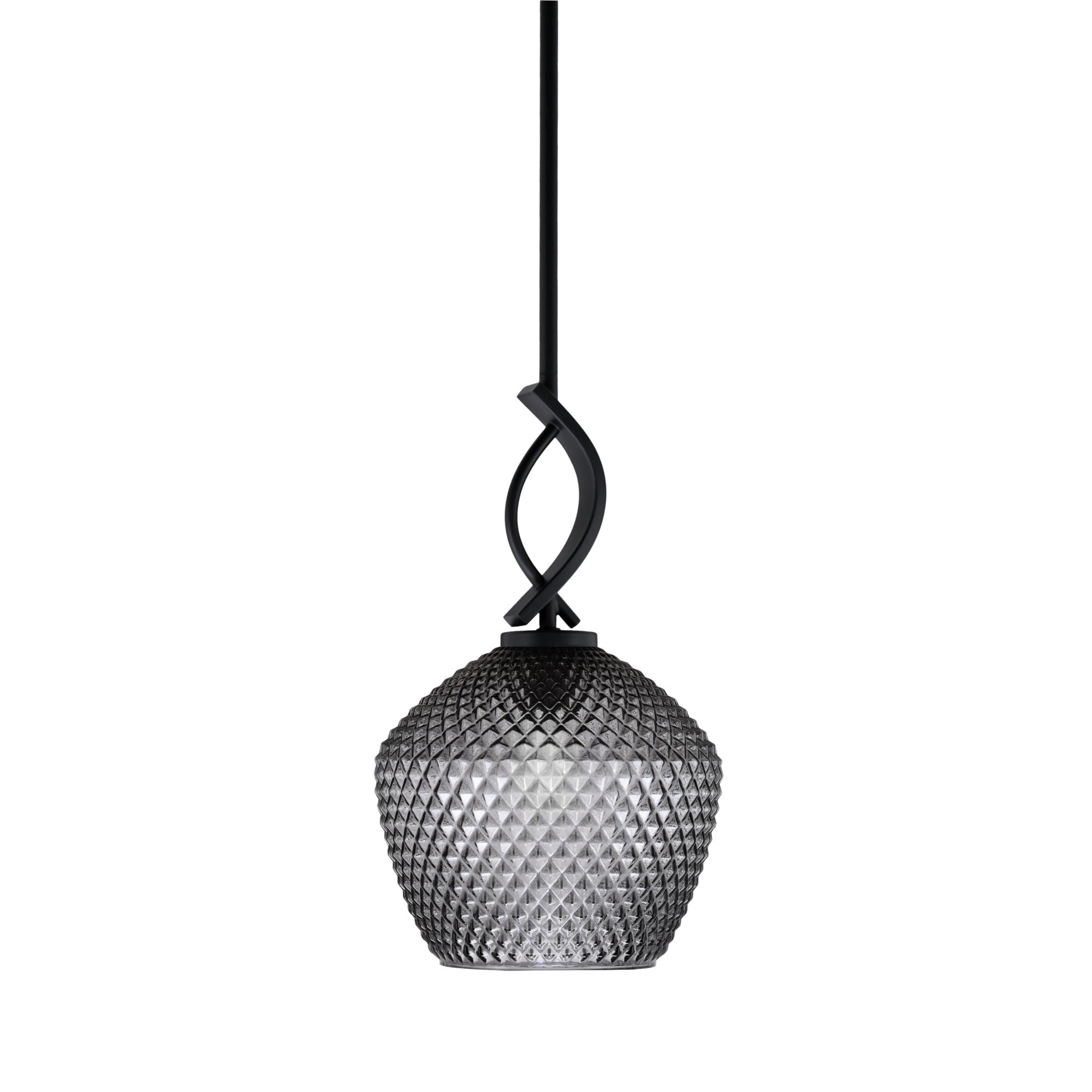 Cavella 1 Light Stem Mini Pendant Shown in Matte Black Finish with 9&quot; Smoke Textured Glass