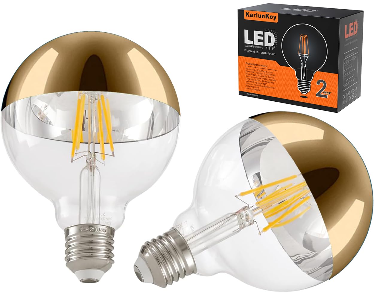 Karlunkoy Large Half Gold Light Bulb,8W (80W Equivalent) Dimmable Led Edison Bulbs,G95/G30 Globe Decorative Led Bulb Half Chrome