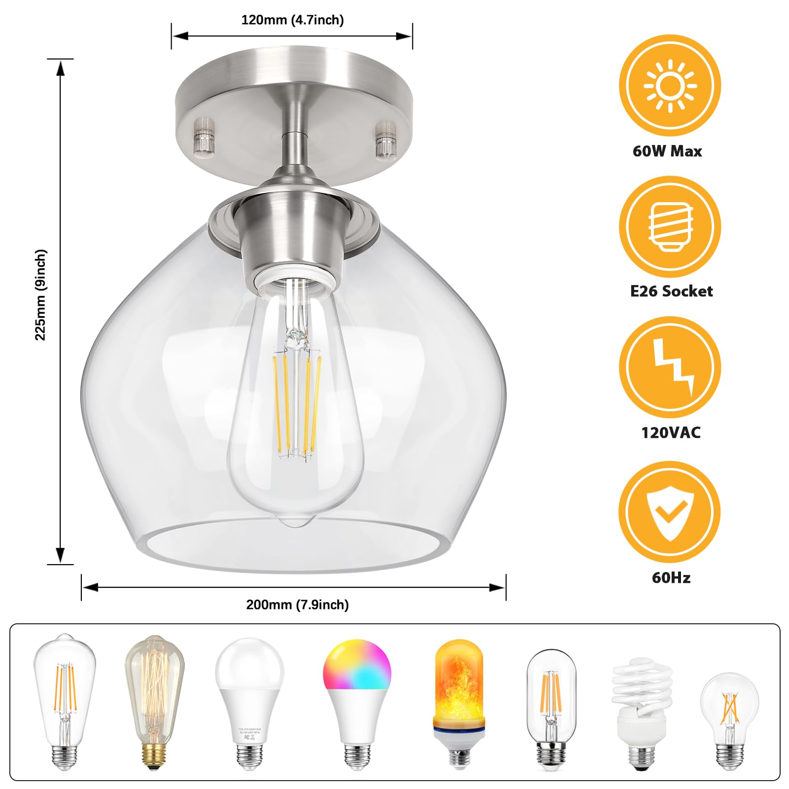 BesLowe Modern Semi Flush Mount Ceiling Light, Nickel, Glass Shade, Model C2508-01-SN, Ideal for Hallway, Bedroom, Dining Room