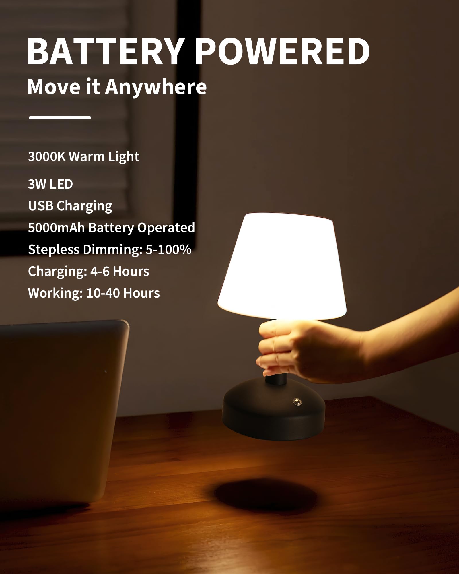 KDG Modern Cordless Table Lamp - Portable LED, Dimmable, 5000mAh Battery, Black & White PE Plastic, Model AMZ-TBL-012