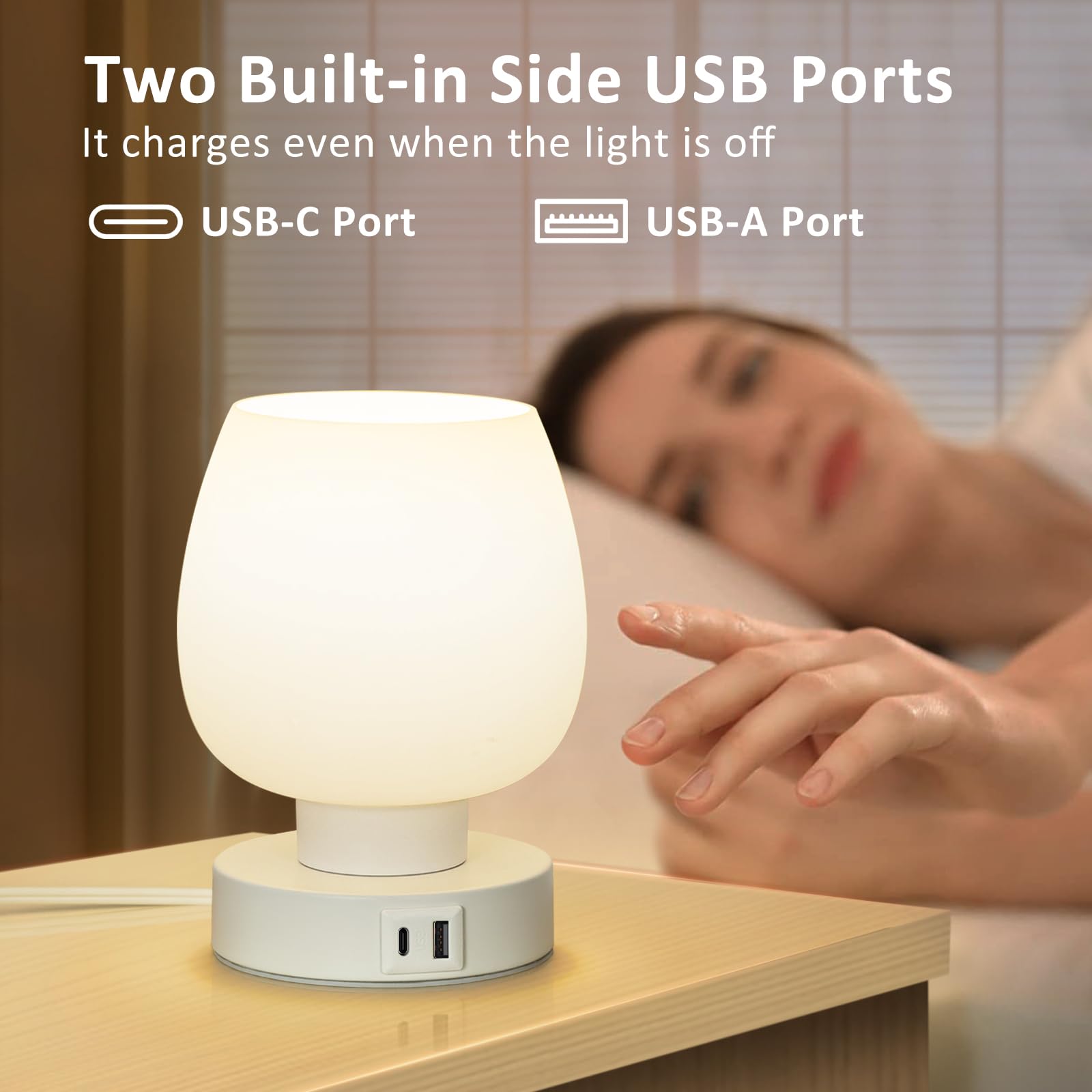ONEWISH Touch Bedside Table Lamp - Small USB White Glass Lamp with 3-Way Dimming & Charging Ports, Model 13TAB003USC, Warm LED Bulb Included