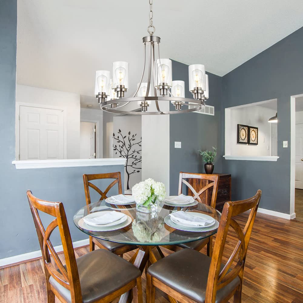 MELUCEE Modern Chandelier Brushed Nickel Finish 8 Lights, Dining Room Lighting Fixtures Hanging Industrial Pendant Lighting for