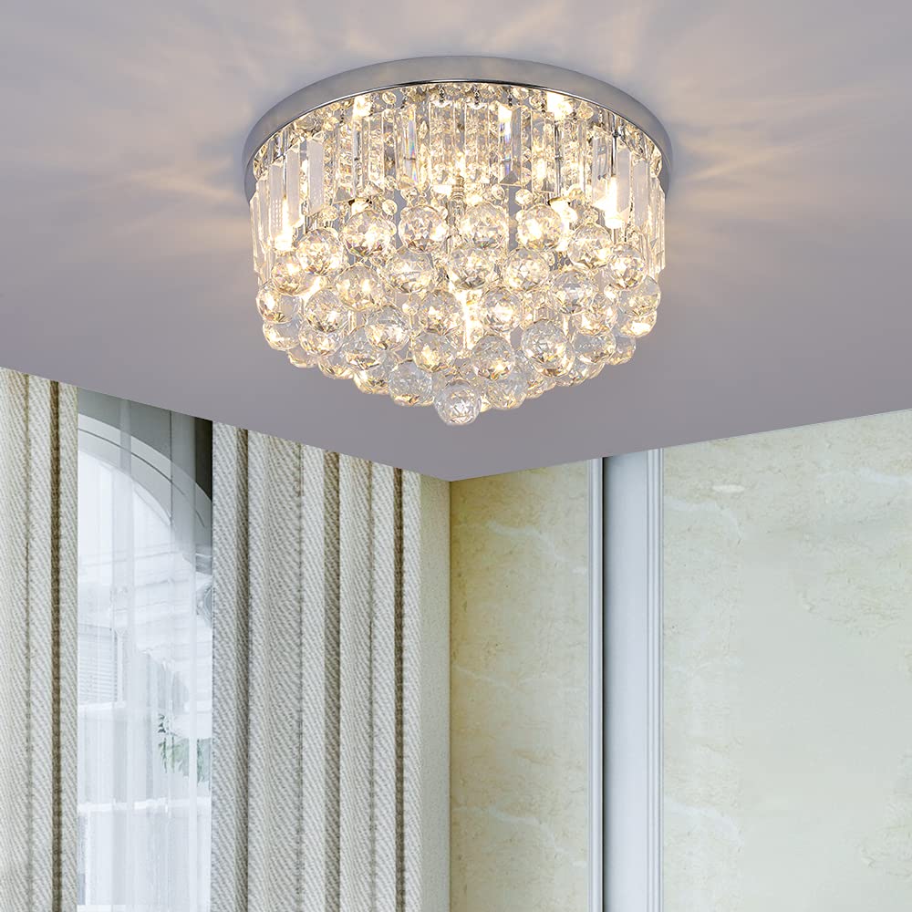Gopmmy Modern K9 Crystal Raindrop Chandelier, Chrome Flush Mount Pendant Light 16In