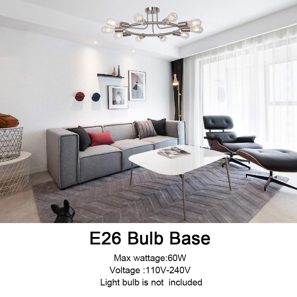 BONLICHT Round Rustic Chandelier 10-Light Brushed Nickel Modern Semi Flush Mount Ceiling Light Industrial Vintage Sputnik Chande