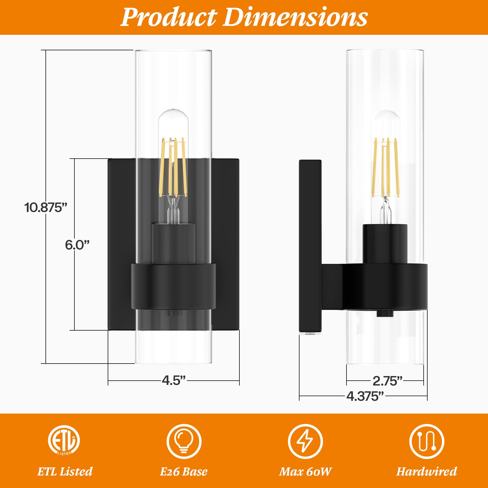 Zevluck 1-Light Wall Sconce, Matte Black Bathroom Vanity Light With Cylinder Clear Glass, Modern Hardwired Vanity Wall Lamps For