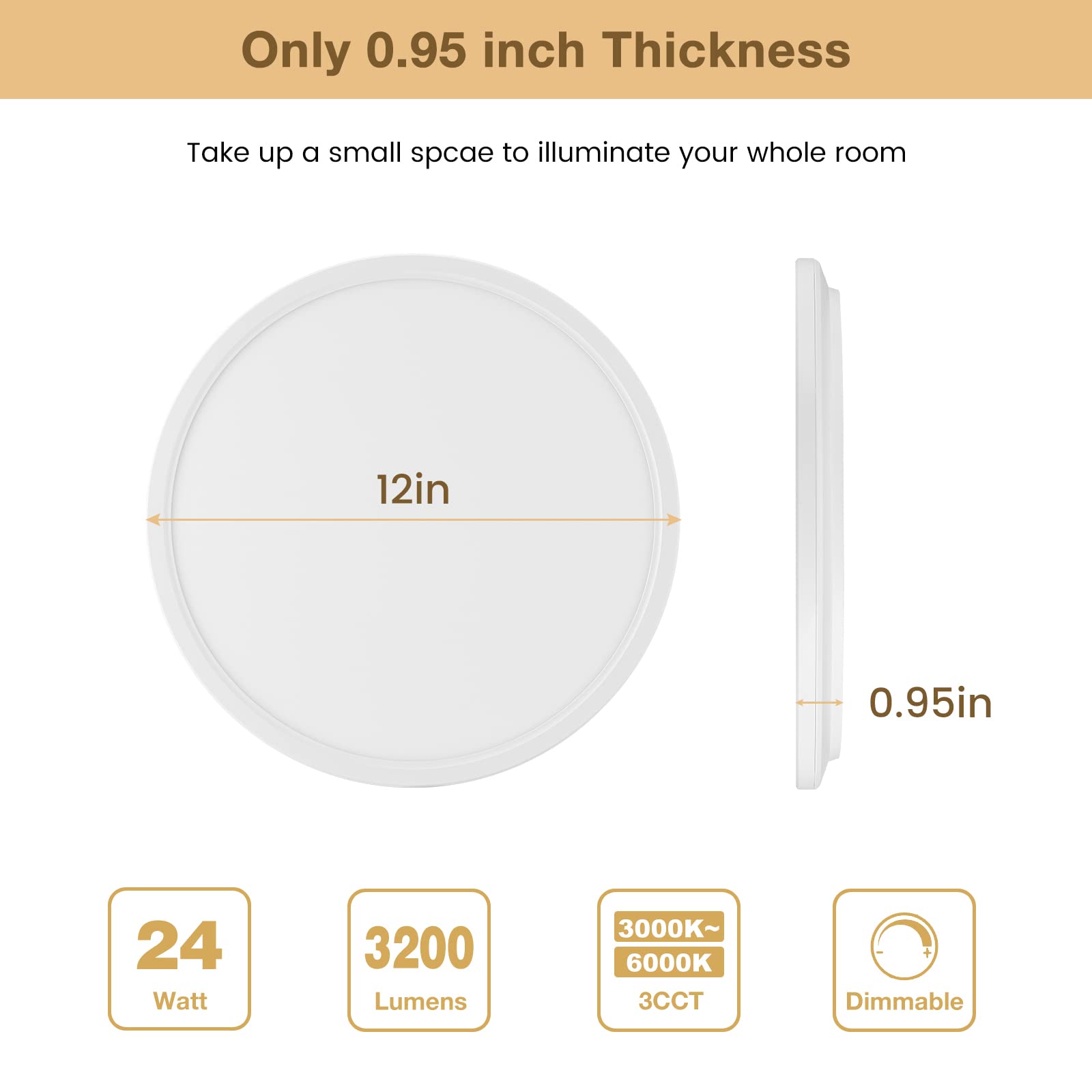 Super Slim 3200Lm 12Inch Led Ceiling Lights Flush Mount, Dimmable 3000K 4500K 6000K Cct, Low Profile Surface Mount Light Fixture